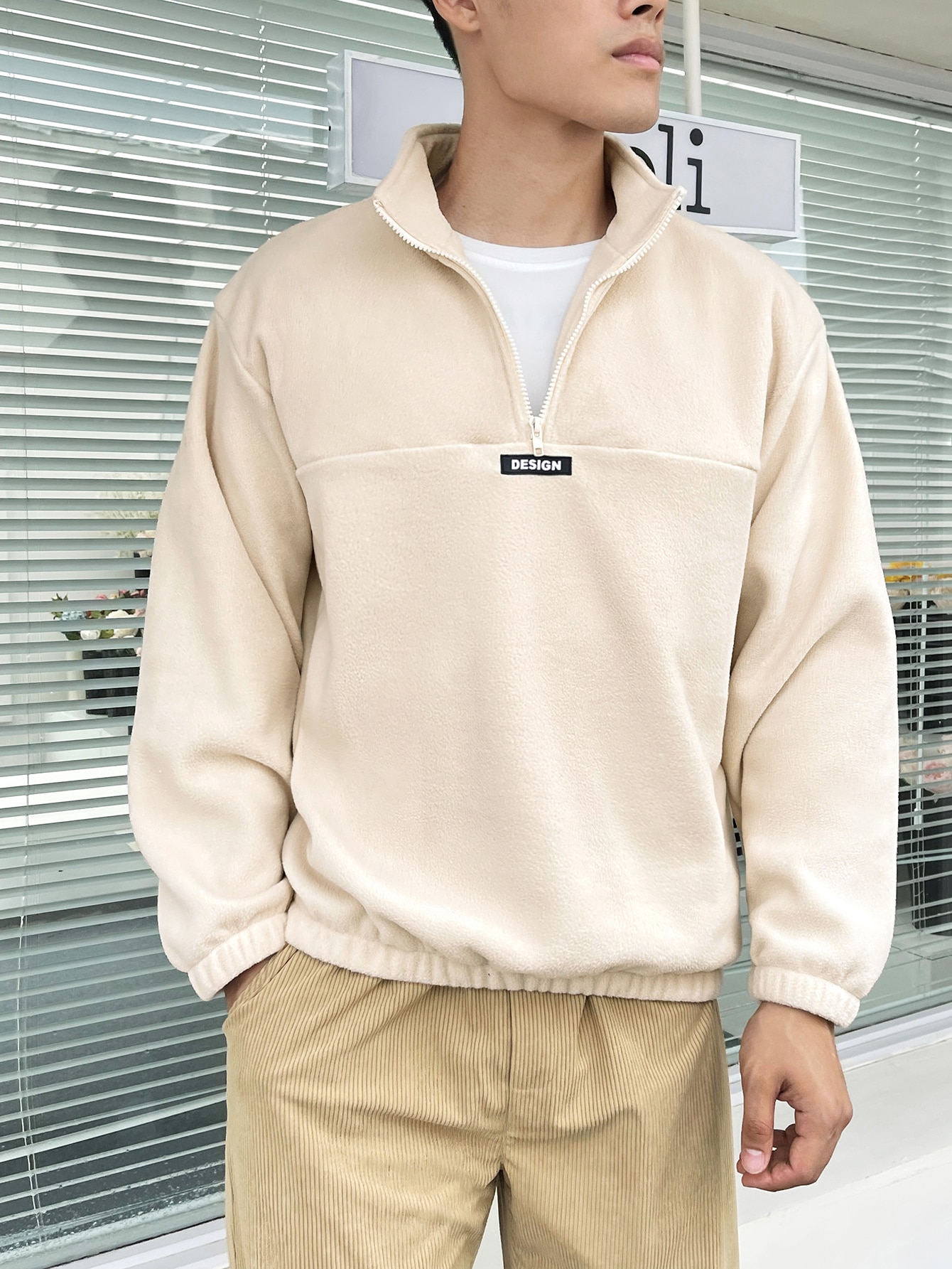 Manfinity Homme Loose Fit Men's Pullover Flannelette Sweatshirt With Half Zip And Patch Detail