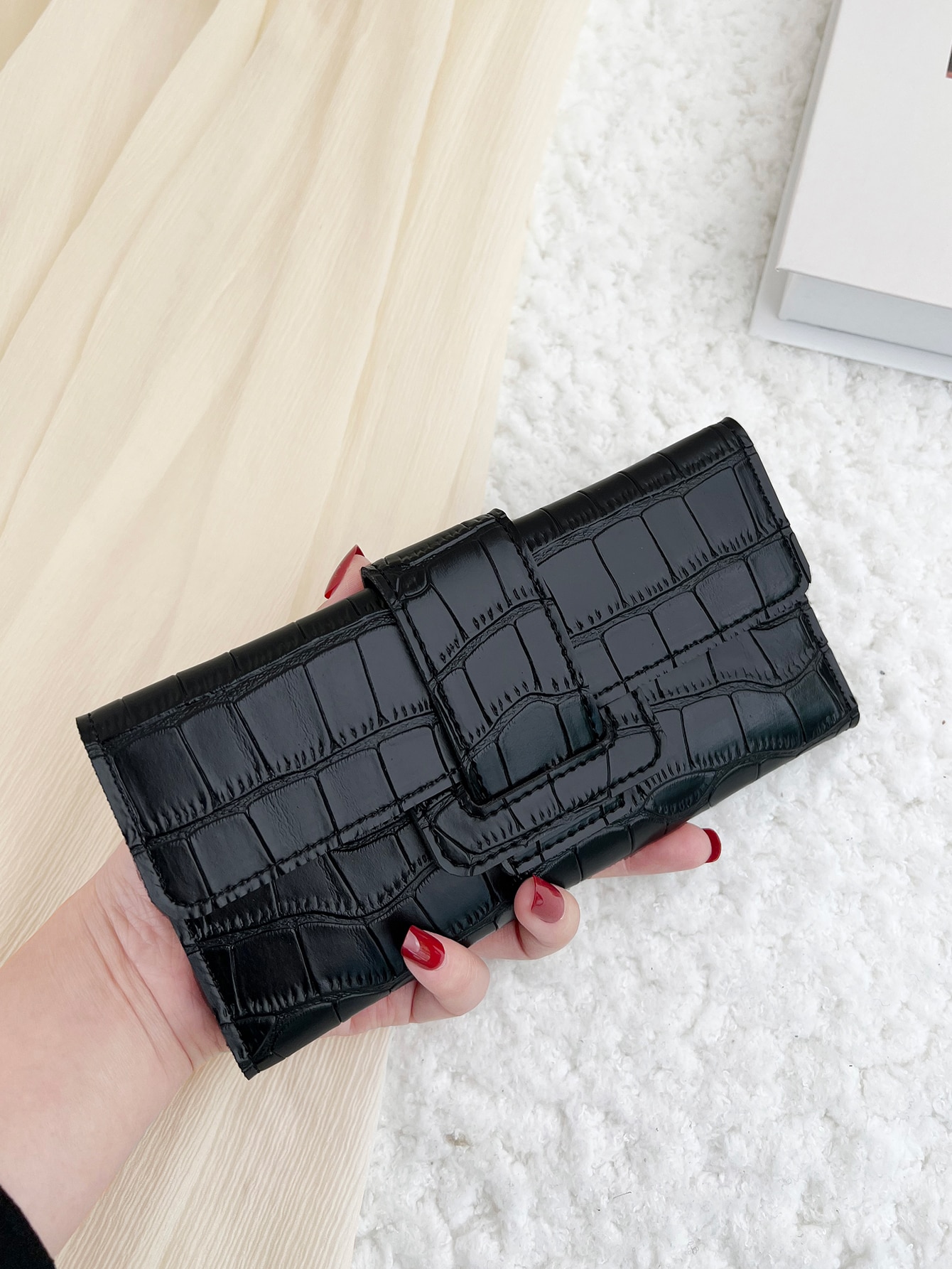 Crocodile Embossed Fold Over Long Wallet For Women Lightweight Modern Business Credit Card ID Card Money Cash Slot Business Casu