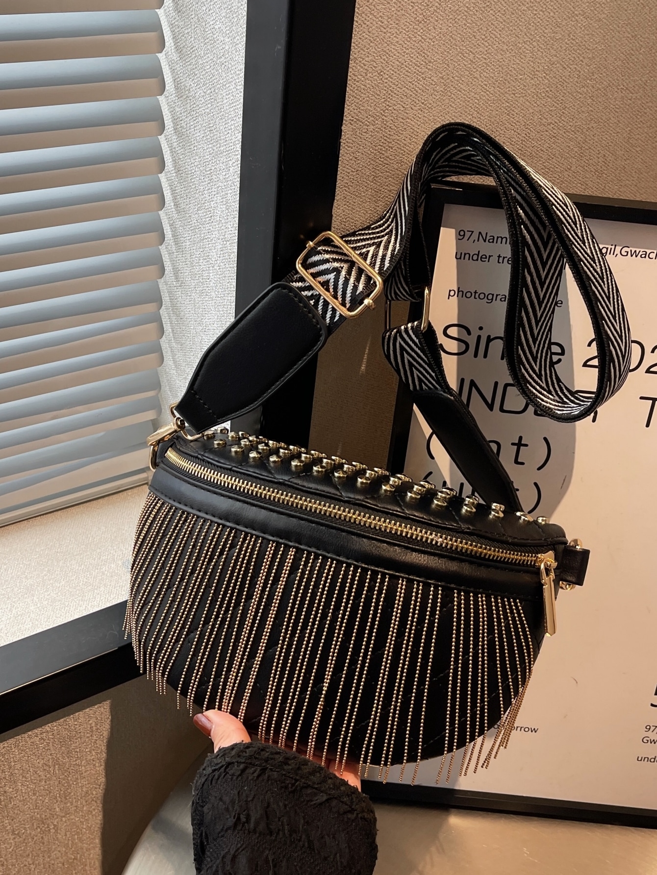 Fringe & Studded Decor Quilted Waist Bag