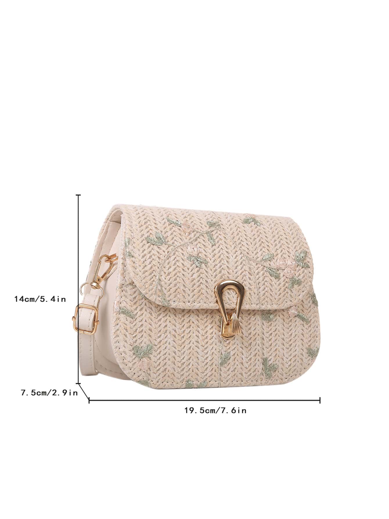 Floral Embroidery Straw Saddle Bag, Mini Woven Crossbody Bag, Women's Buckle Decor Flap Purse (7.67 X 5.51 X 2.95) Inch