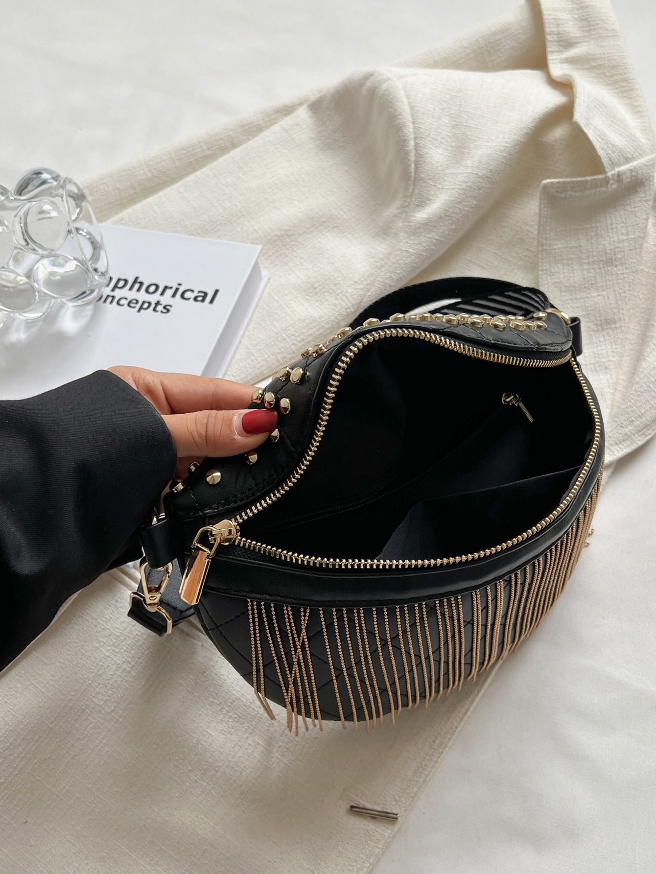 Fringe & Studded Decor Quilted Waist Bag