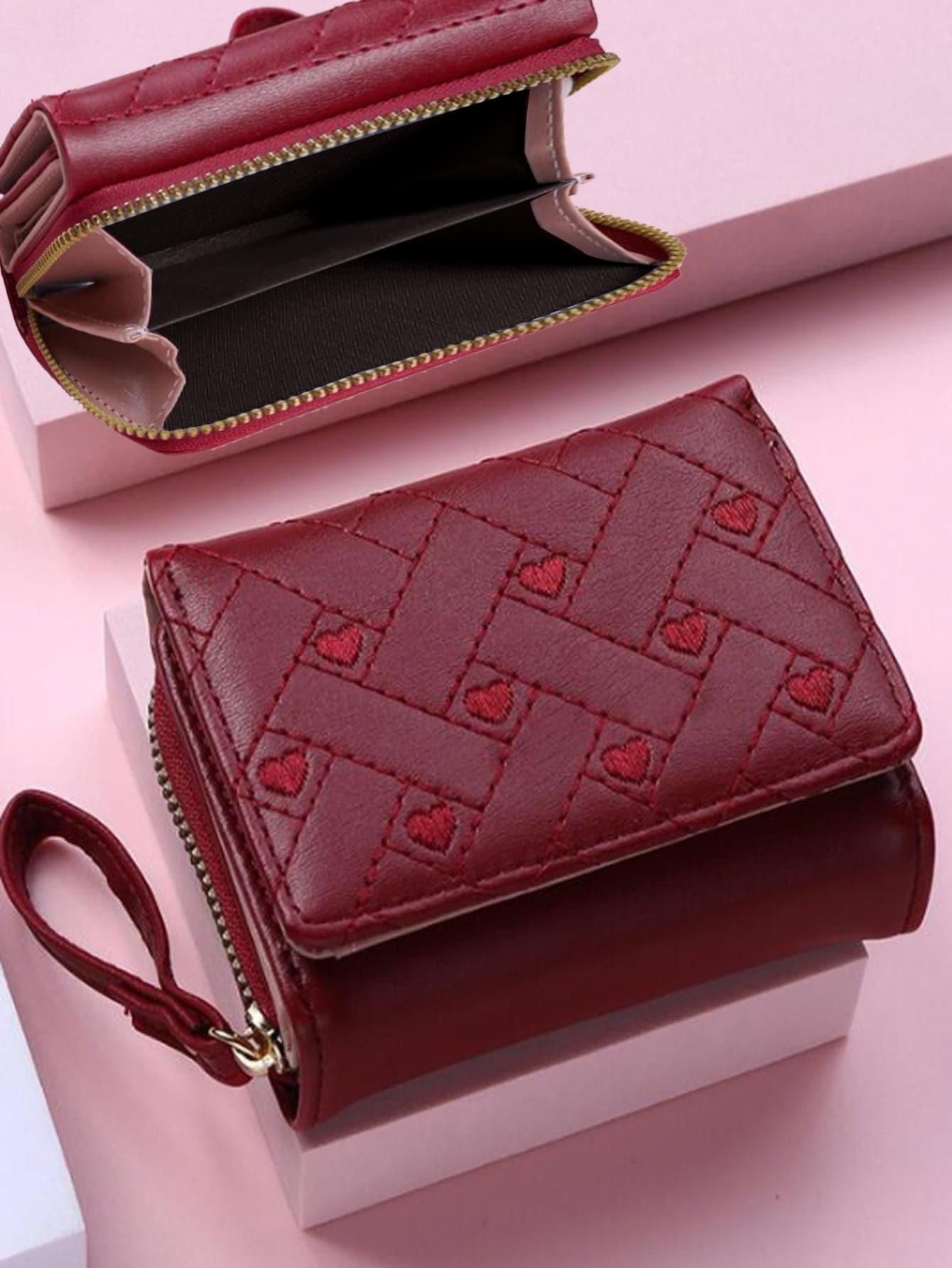 Women's Wallet Foldable Card Holder Wallet Short Fashion Embroidery Heart Coin Purse Portable Money Cash White-Collar Workers Fo