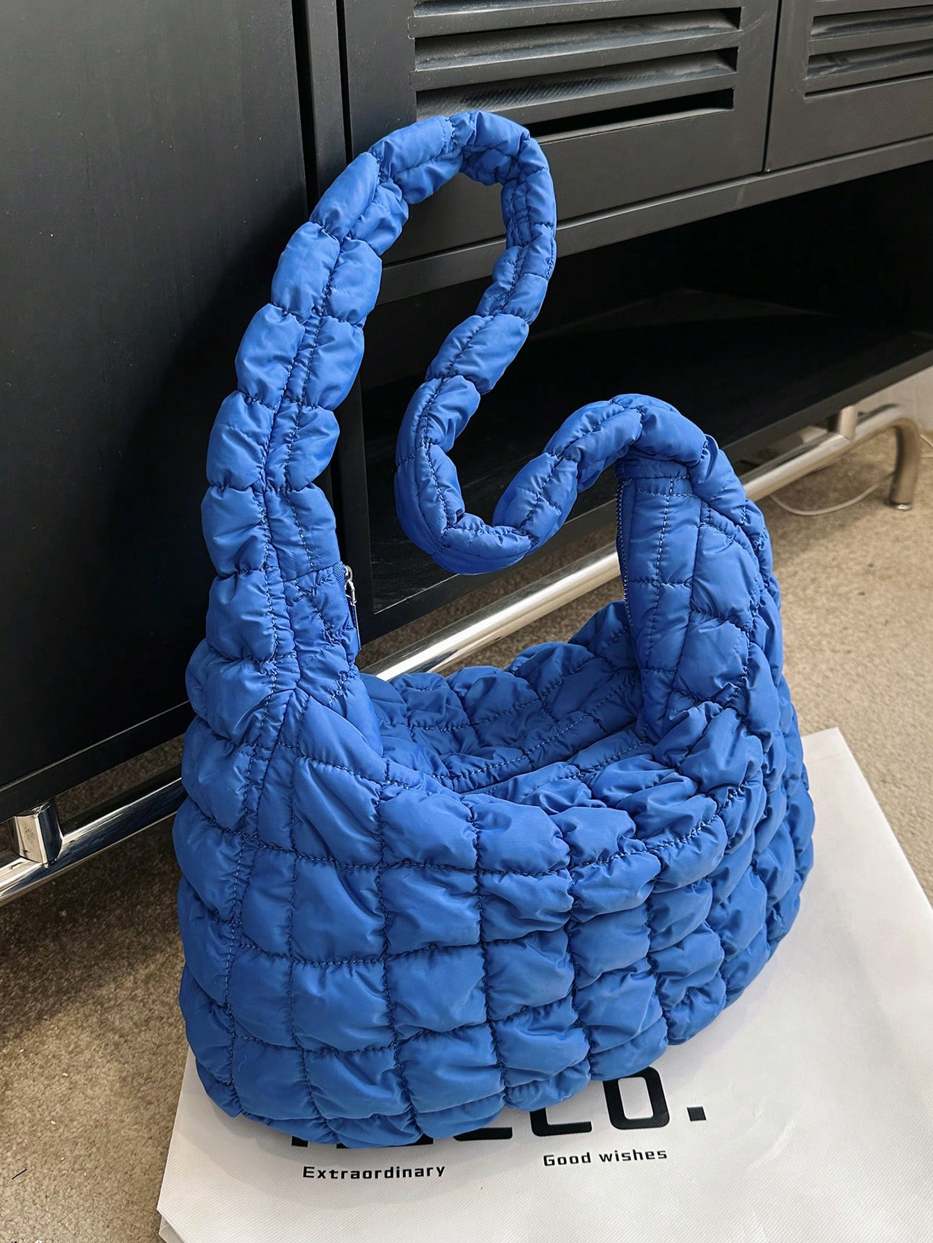 Oversized Ruched Bag Quilted Pattern Blue