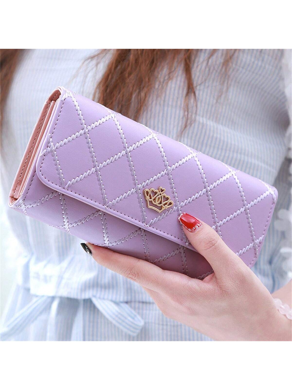 1pc Purple Multifunctional Long Wallet, Diamond Pattern, Heart Shaped Crown Buckle, Large Capacity Clutch Bag For Student/Ladies