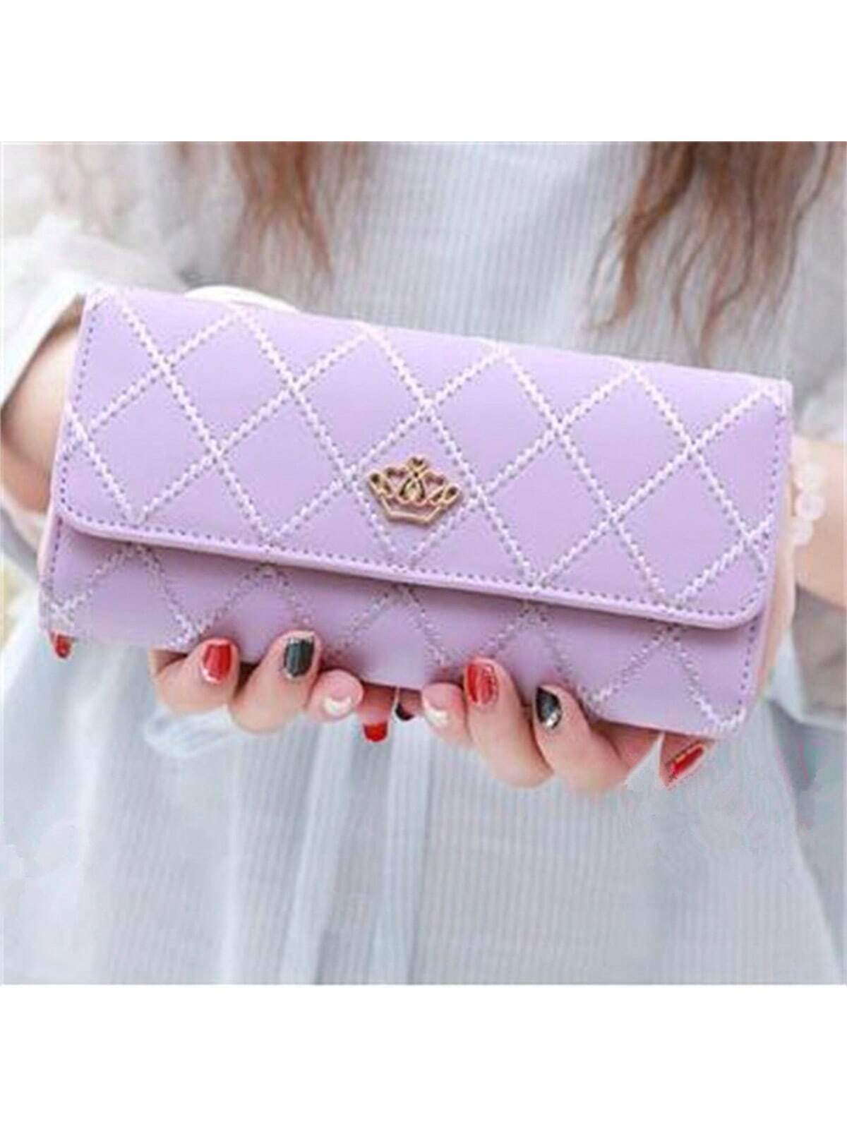 1pc Purple Multifunctional Long Wallet, Diamond Pattern, Heart Shaped Crown Buckle, Large Capacity Clutch Bag For Student/Ladies