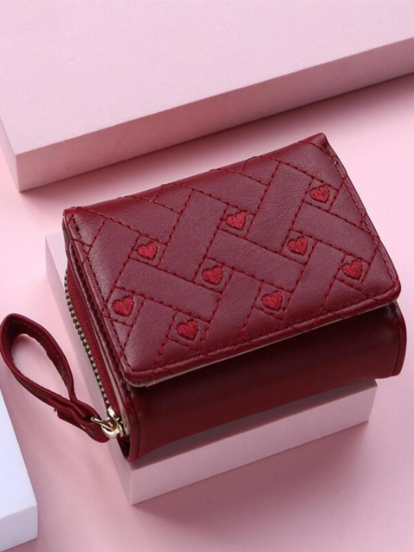 Women's Wallet Foldable Card Holder Wallet Short Fashion Embroidery Heart Coin Purse Portable Money Cash White-Collar Workers Fo