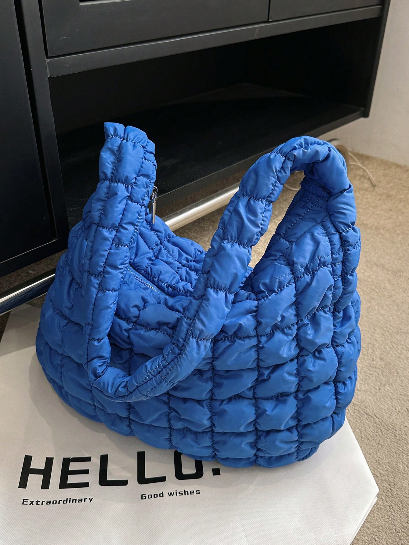 Oversized Ruched Bag Quilted Pattern Blue