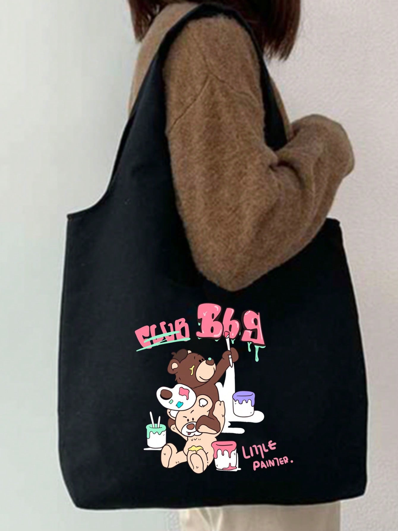 1pc Black Simple Fashionable Bear Drawing Pattern Printed Canvas Tote Bag With Large Capacity, Suitable For Women's Casual Daily