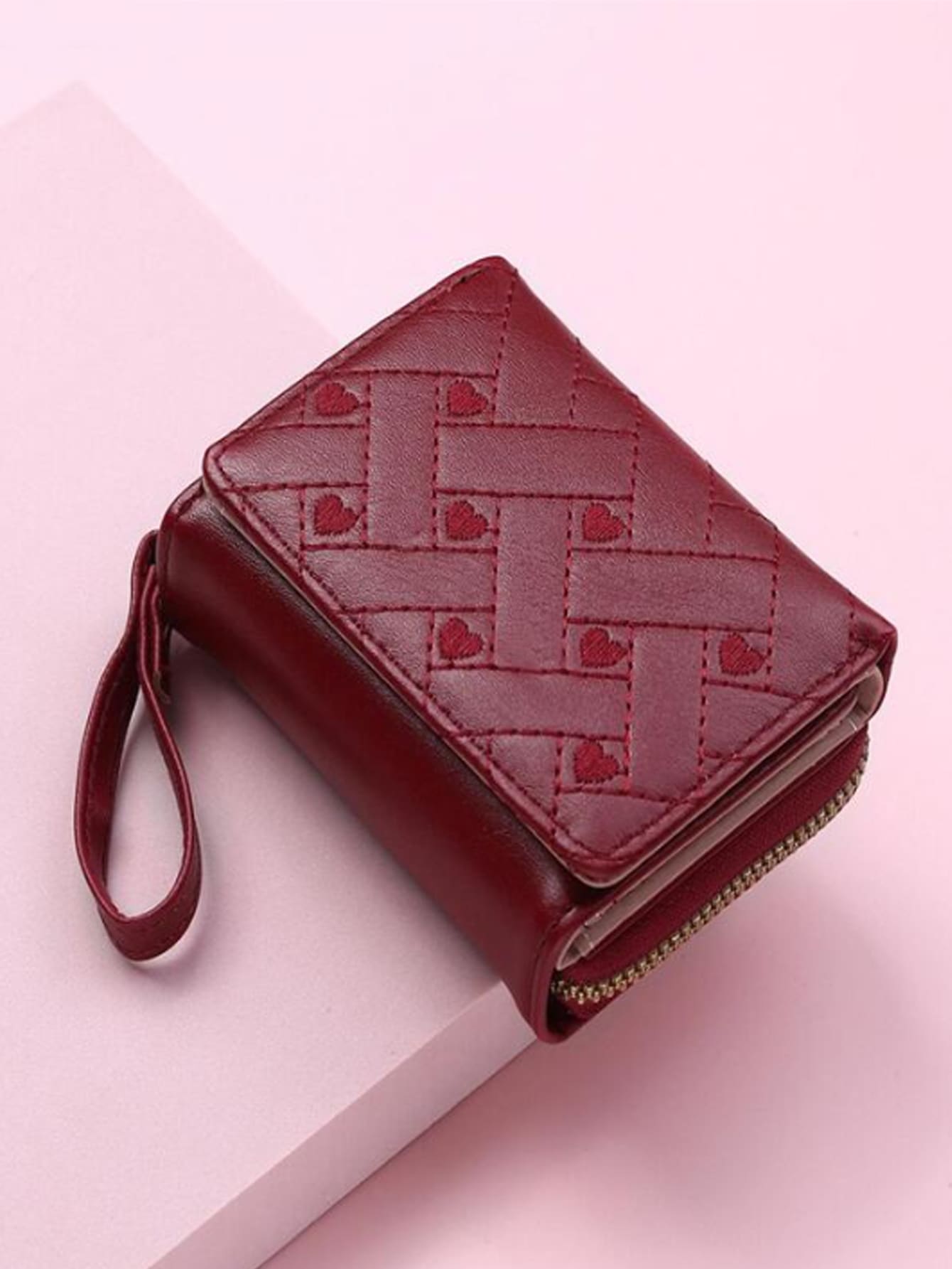 Women's Wallet Foldable Card Holder Wallet Short Fashion Embroidery Heart Coin Purse Portable Money Cash White-Collar Workers Fo