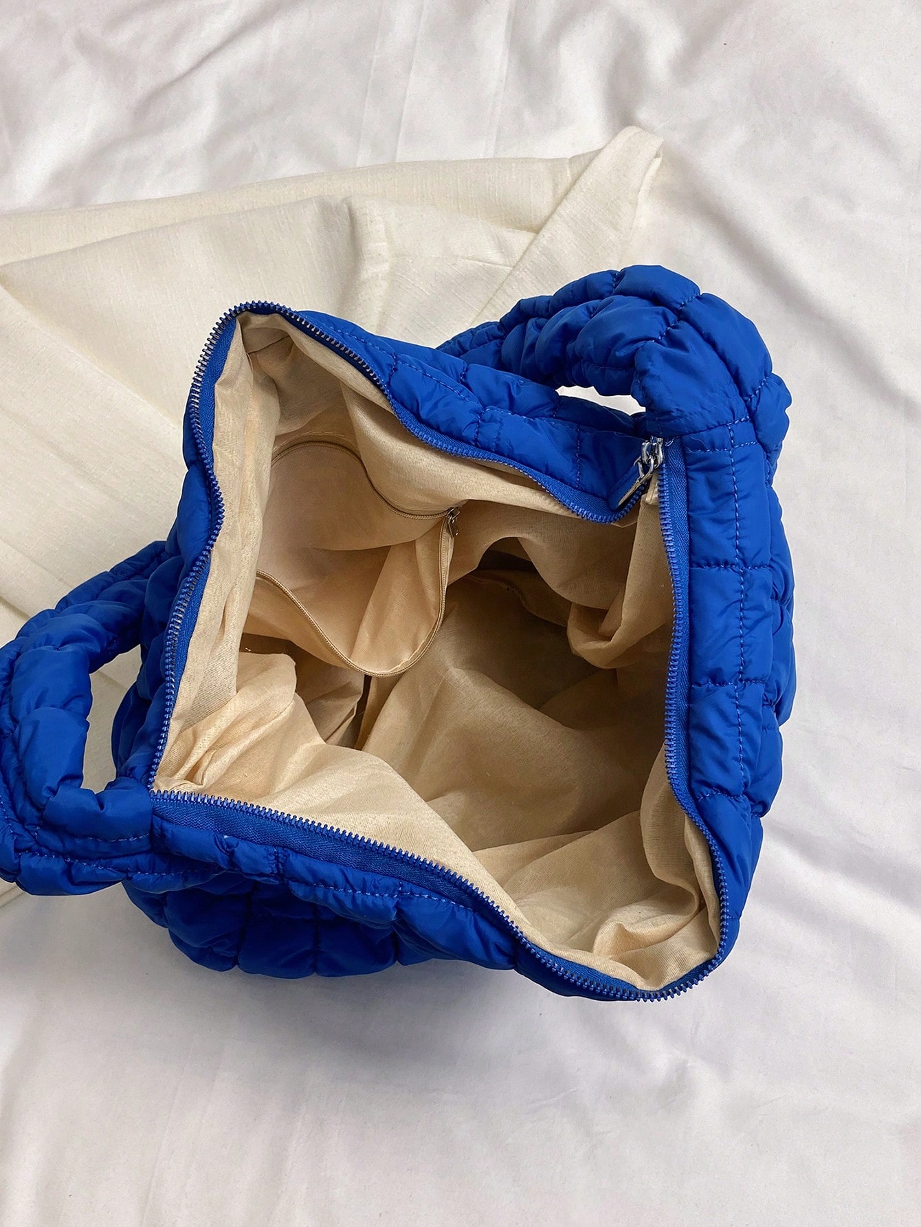 Oversized Ruched Bag Quilted Pattern Blue