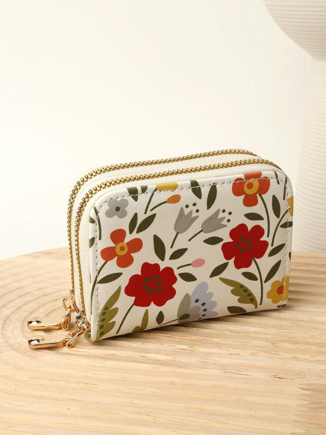 RFID Blocking Spring Grass Flower Pattern Women's Double Zipper Wallet Card Bag Lightweight And Fashionable Elegant Short Wallet