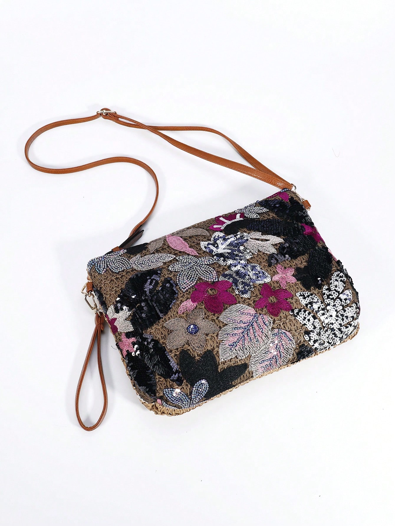 Cutting Random Glitter Embroidery Spliced Straw Beach Bag Women Fashion Color-Blocking Large Capacity Clutch Handbag Woven Zippe