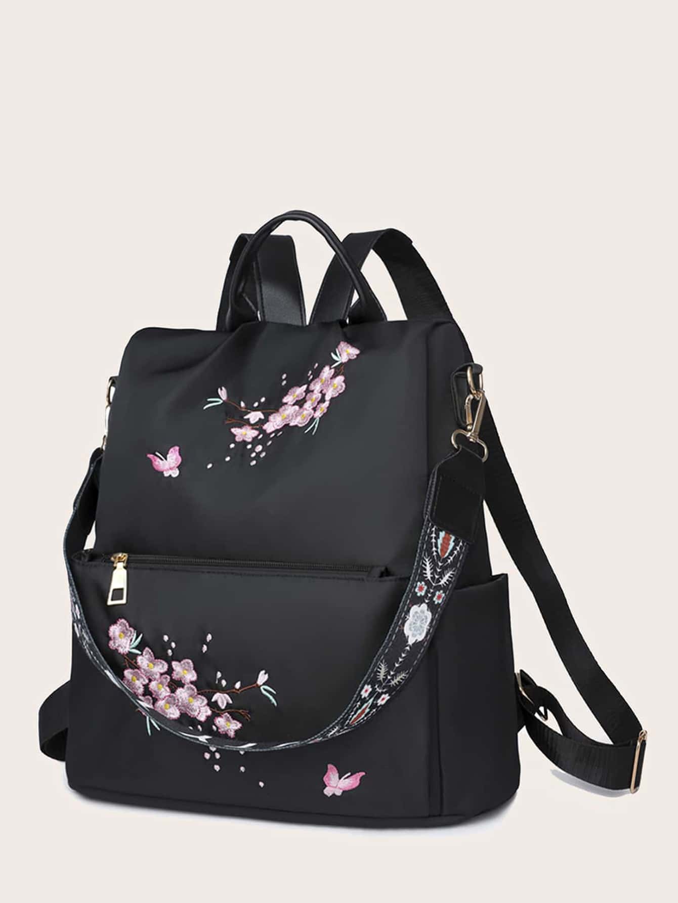 Women's Floral Embroidery Backpack Single Shoulder Dual-Use Casual Backpacks, Fashion Front Pocket Preppy Style Lightweight Dura