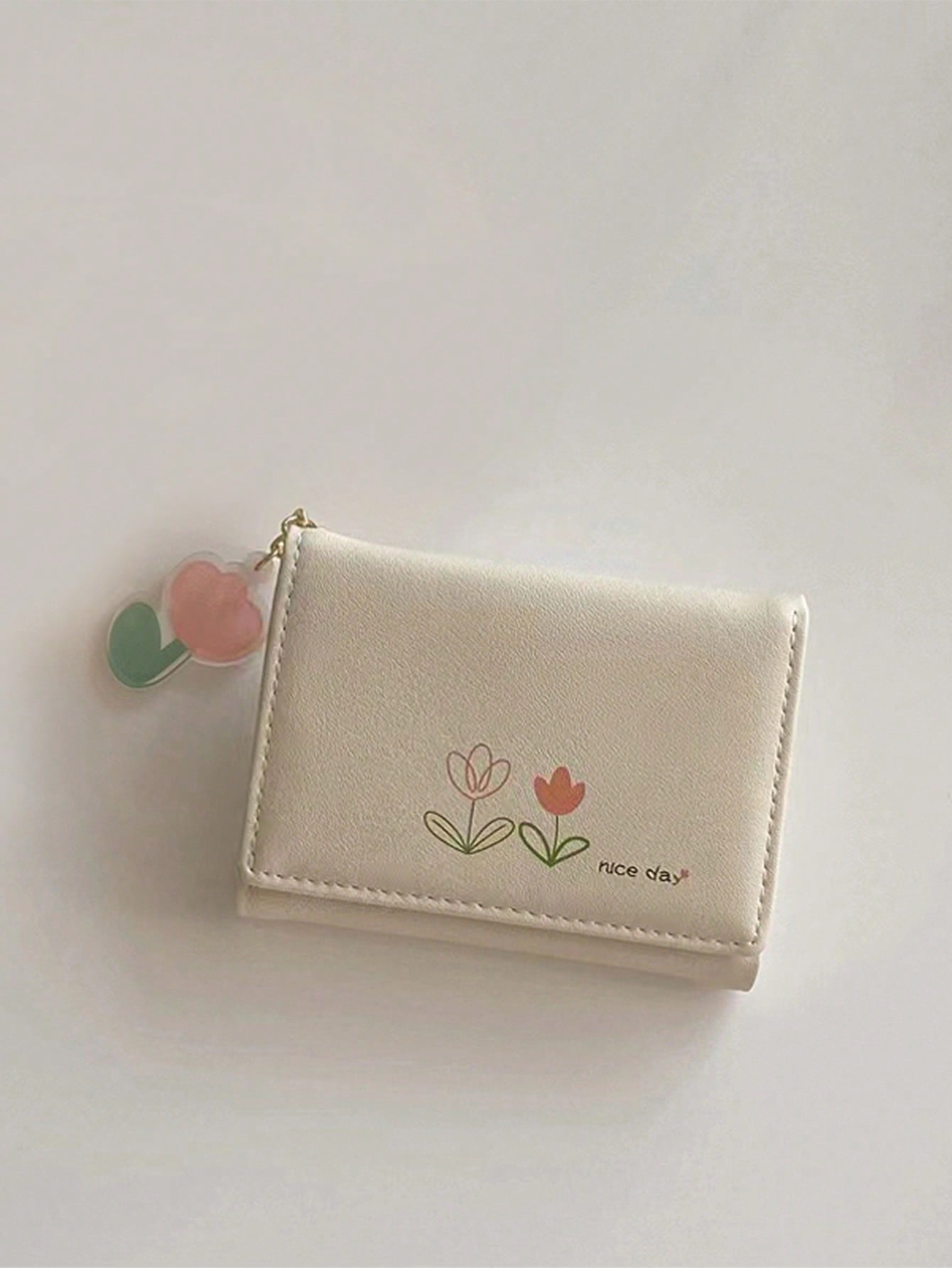 Flower Pattern Small Wallet Tri-Fold Credit Card Holder Portable Money Cash For Lady For Female White-Collar Workers College Wor