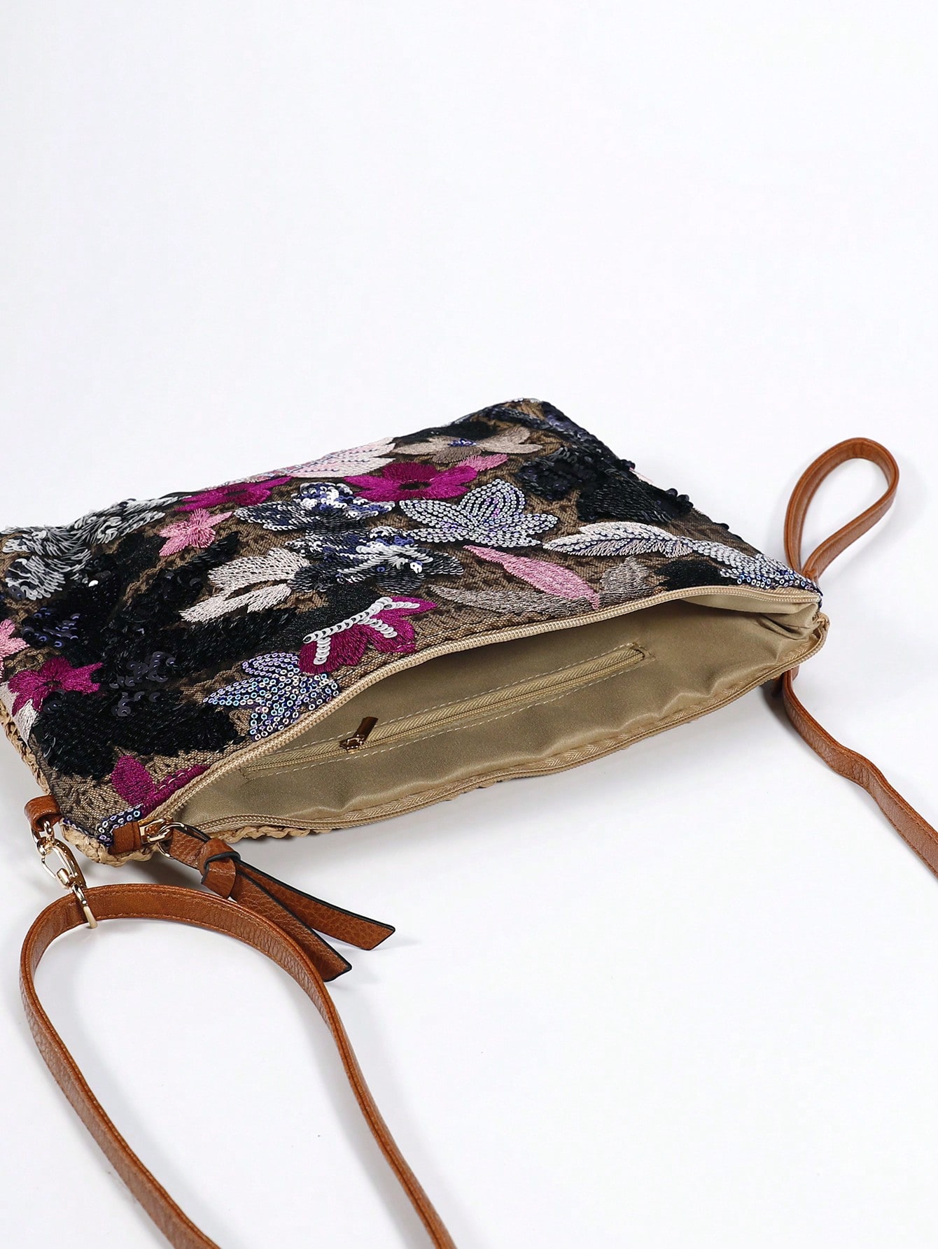 Cutting Random Glitter Embroidery Spliced Straw Beach Bag Women Fashion Color-Blocking Large Capacity Clutch Handbag Woven Zippe