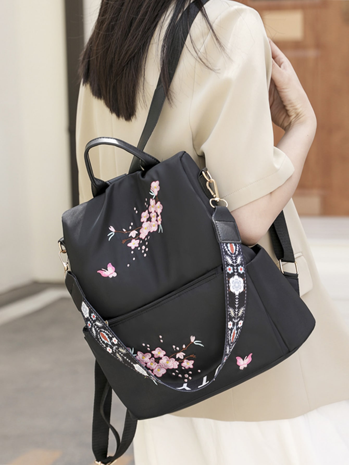 Women's Floral Embroidery Backpack Single Shoulder Dual-Use Casual Backpacks, Fashion Front Pocket Preppy Style Lightweight Dura