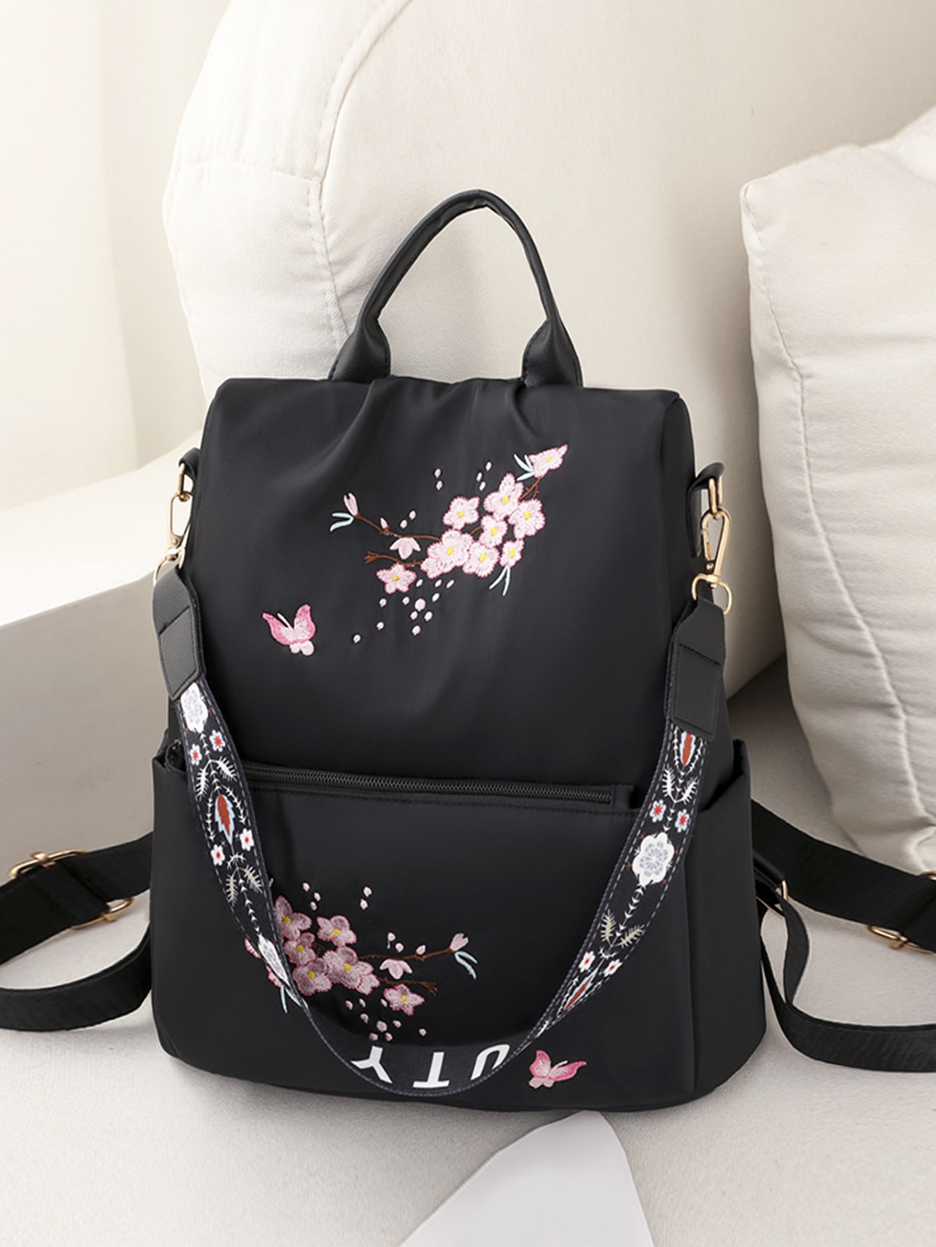 Women's Floral Embroidery Backpack Single Shoulder Dual-Use Casual Backpacks, Fashion Front Pocket Preppy Style Lightweight Dura