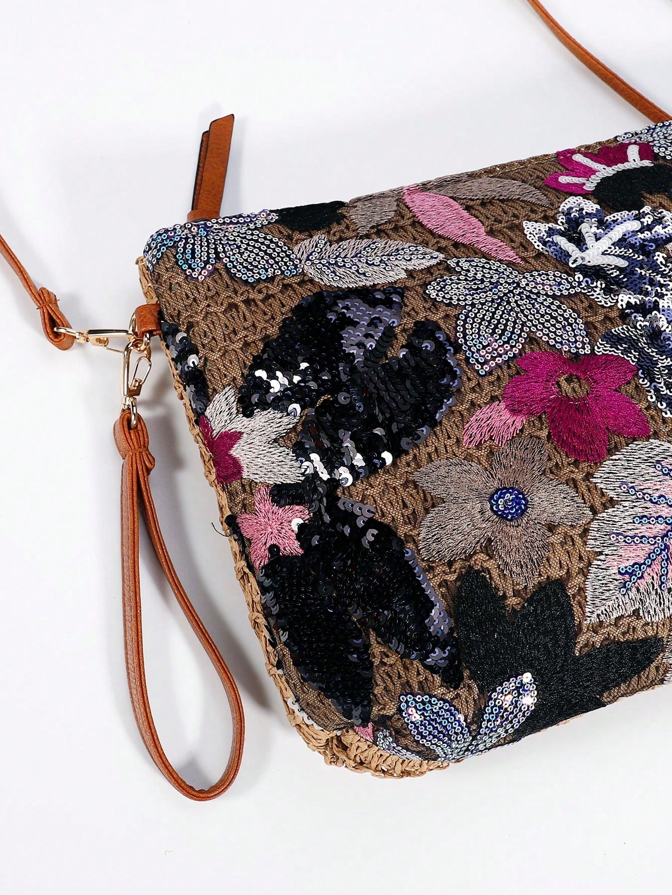 Cutting Random Glitter Embroidery Spliced Straw Beach Bag Women Fashion Color-Blocking Large Capacity Clutch Handbag Woven Zippe