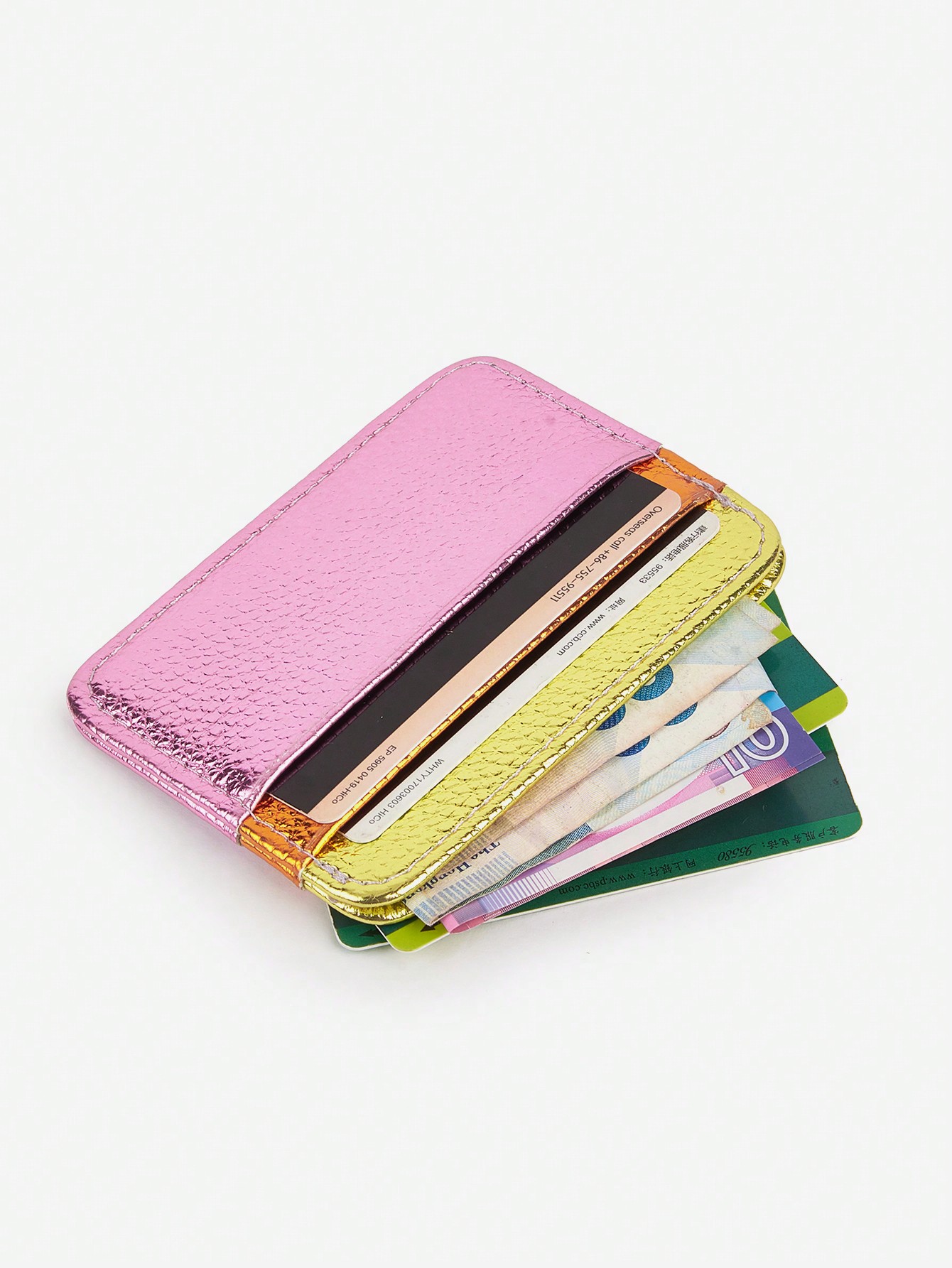 High-End Simple New Style PU Leather Coin And Card Wallet With Faux Leather Grain Effect, Pink, Metal Trim, Color Block Design, 