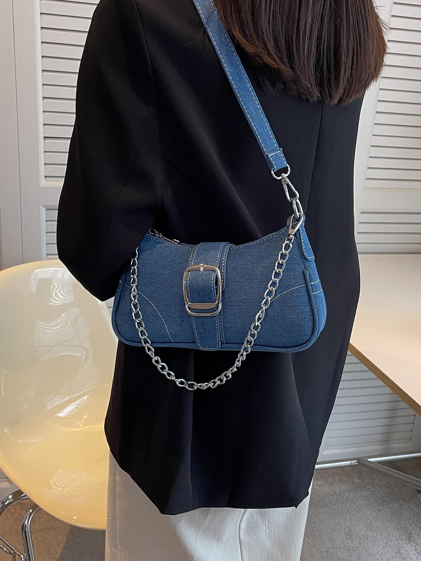 Decorative Buckle Detailing, Stitching, Chain Strap Shoulder Bag, Women's Decorative Buckle Shoulder Bag, Street Fashion Hobo Ba