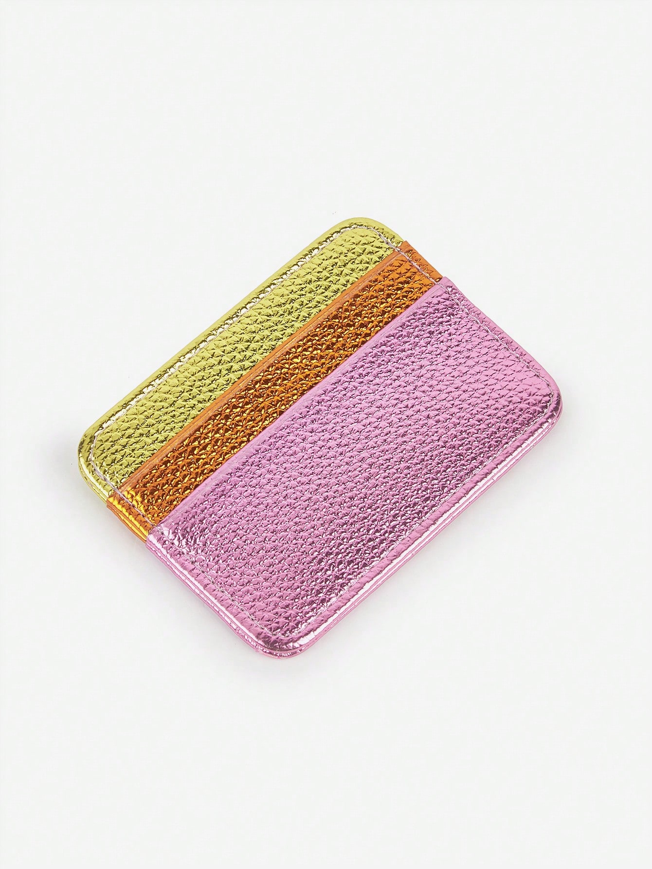 High-End Simple New Style PU Leather Coin And Card Wallet With Faux Leather Grain Effect, Pink, Metal Trim, Color Block Design, 