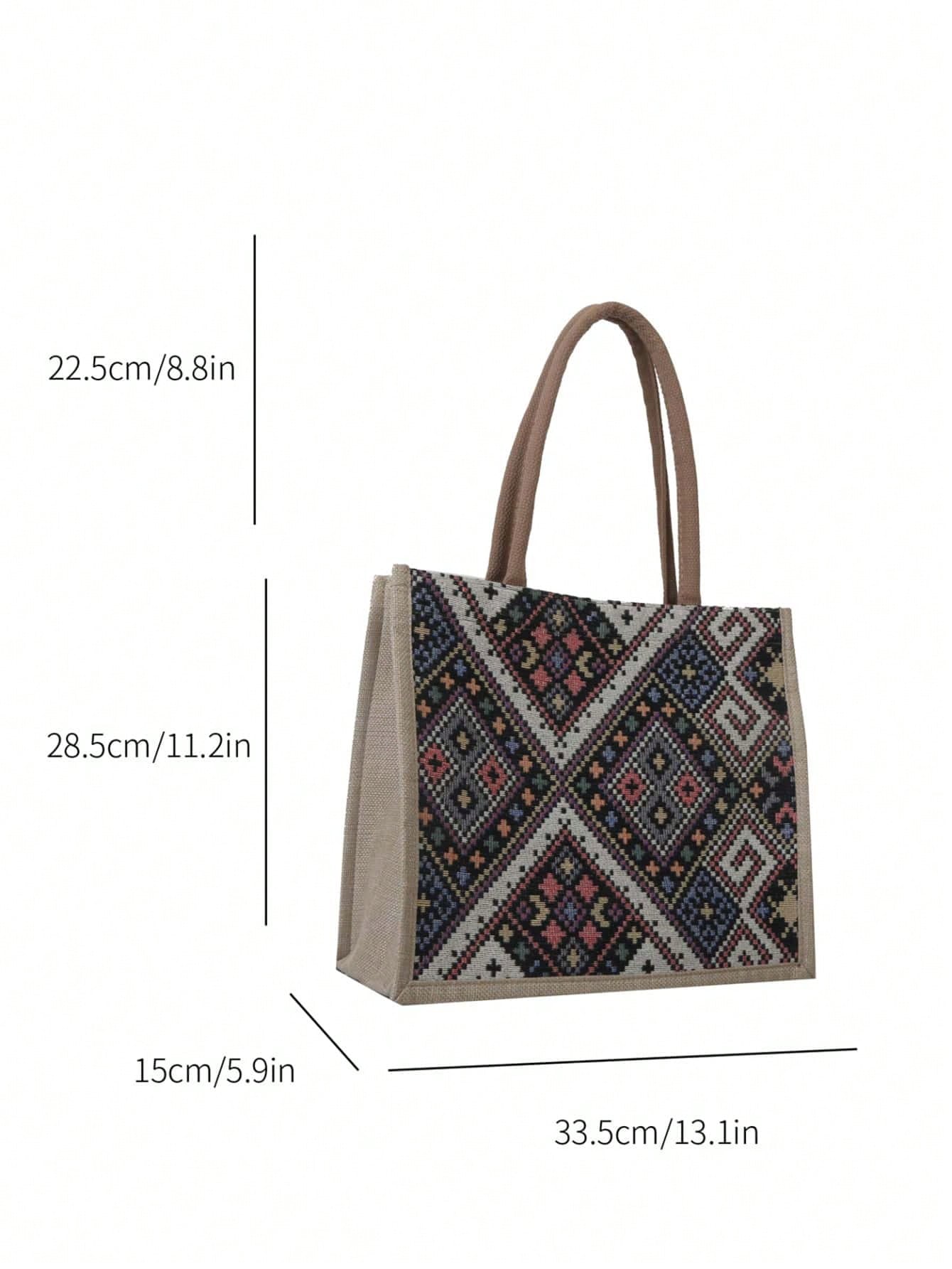 Embroidered Style Flax Fabric Multicolor Contrast Color Large Capacity Single Shoulder Tote Bag