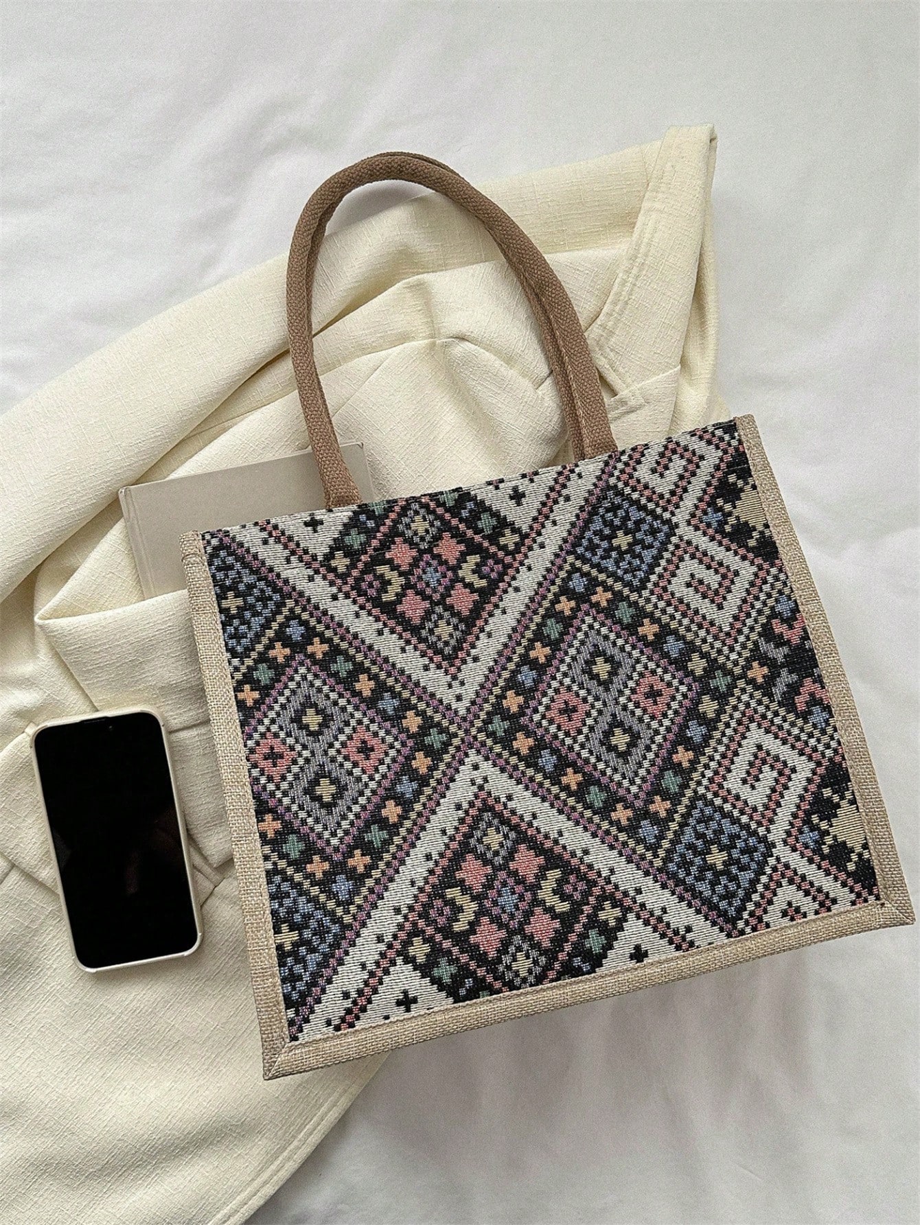 Embroidered Style Flax Fabric Multicolor Contrast Color Large Capacity Single Shoulder Tote Bag