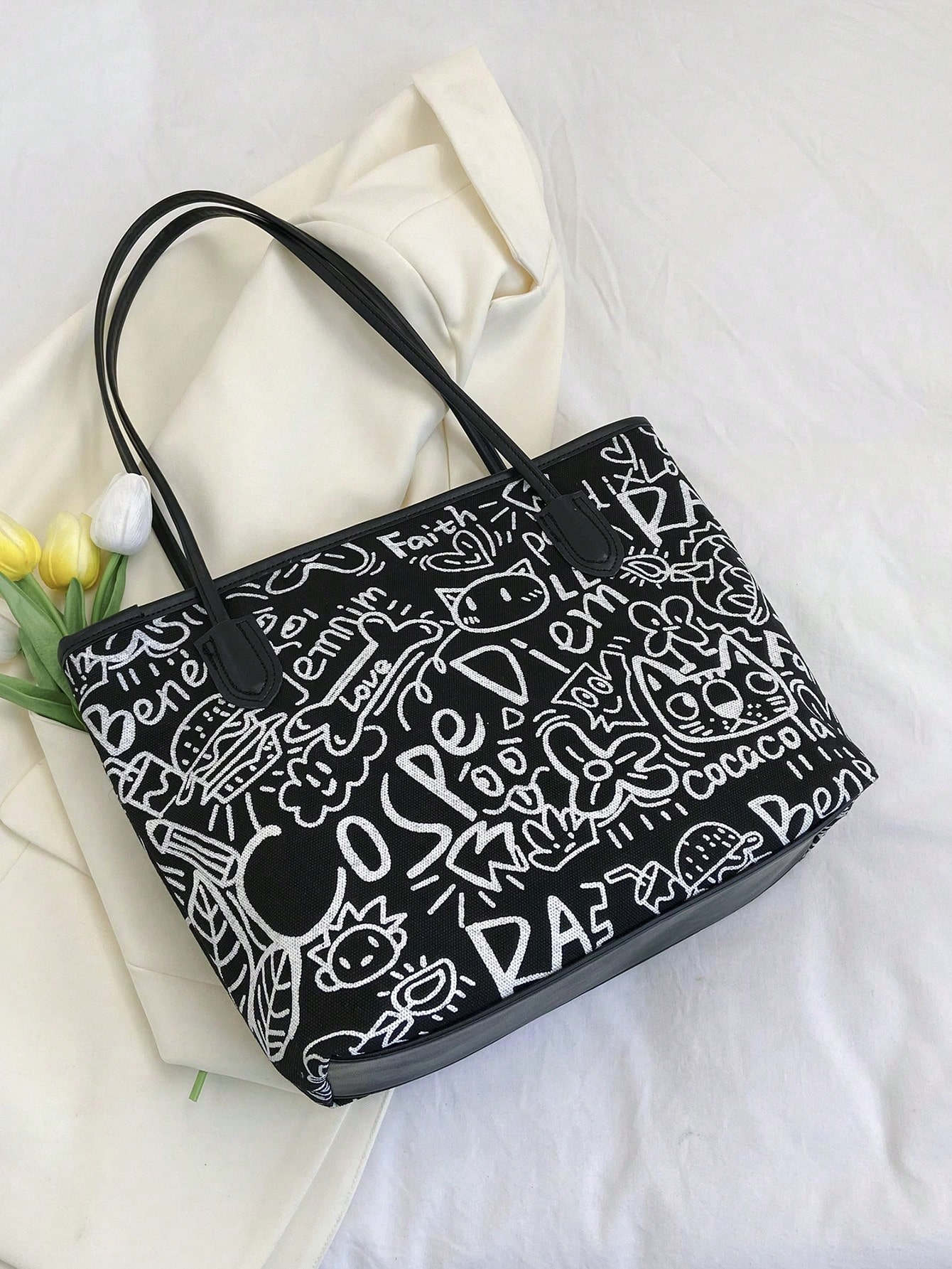 2024 New Arrival Women's Printed Large Capacity Shoulder Tote Bag, Fashionable And Versatile For University Students