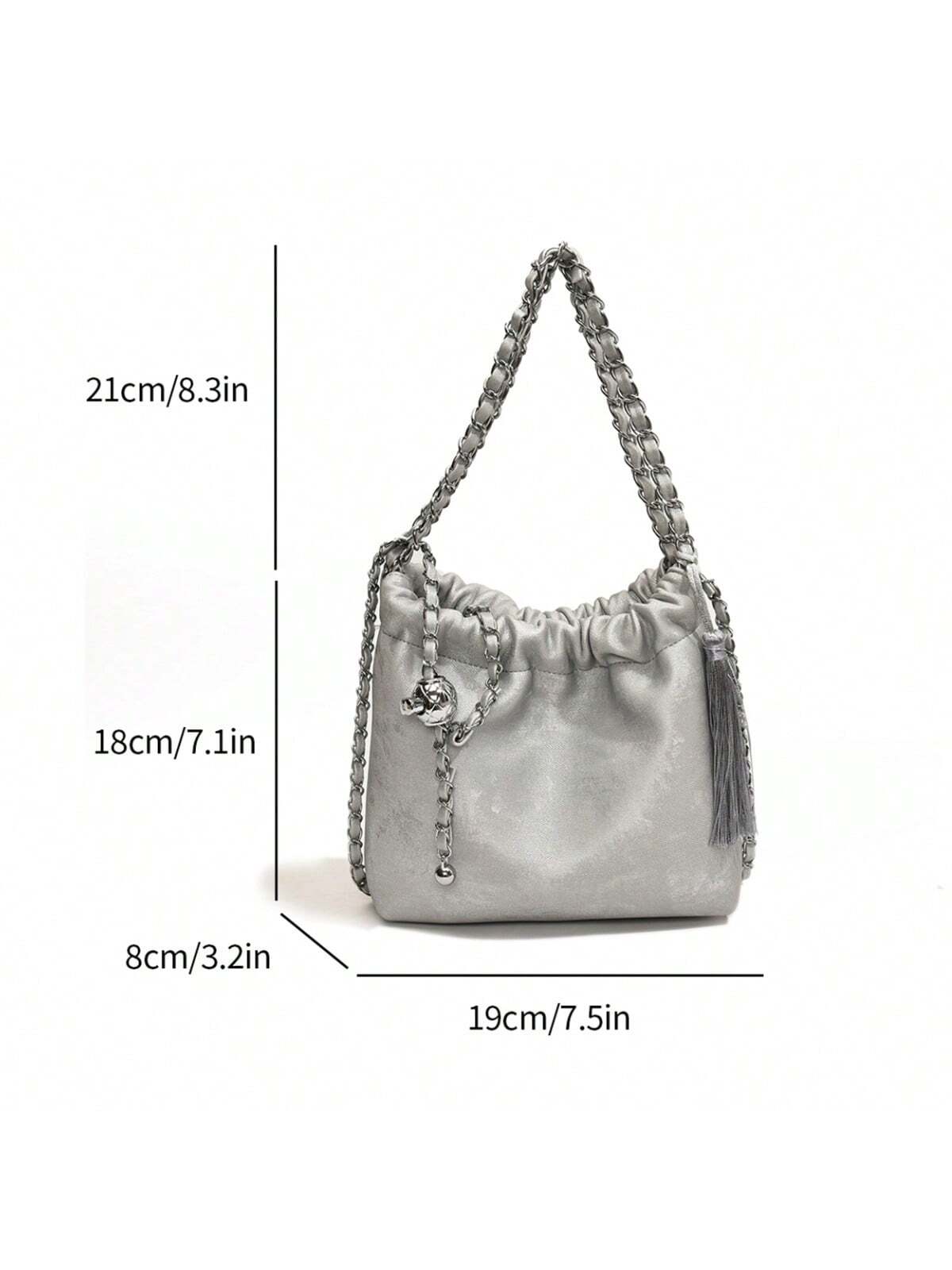 1pc Solid Color Cross-Body Shoulder Bag For Young Women, College Students, With Chain Strap And Drawstring Closure, Large Capaci