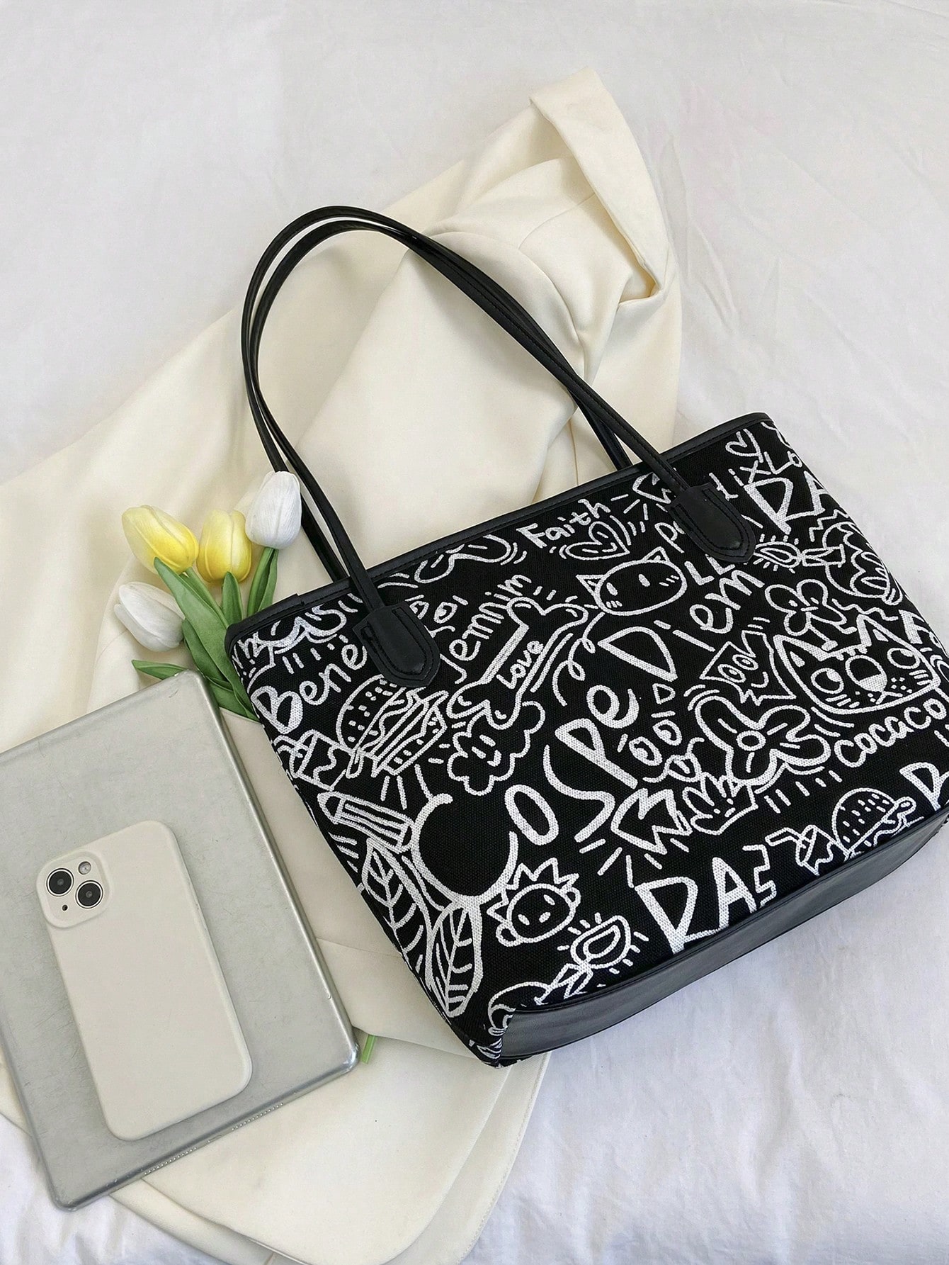 2024 New Arrival Women's Printed Large Capacity Shoulder Tote Bag, Fashionable And Versatile For University Students