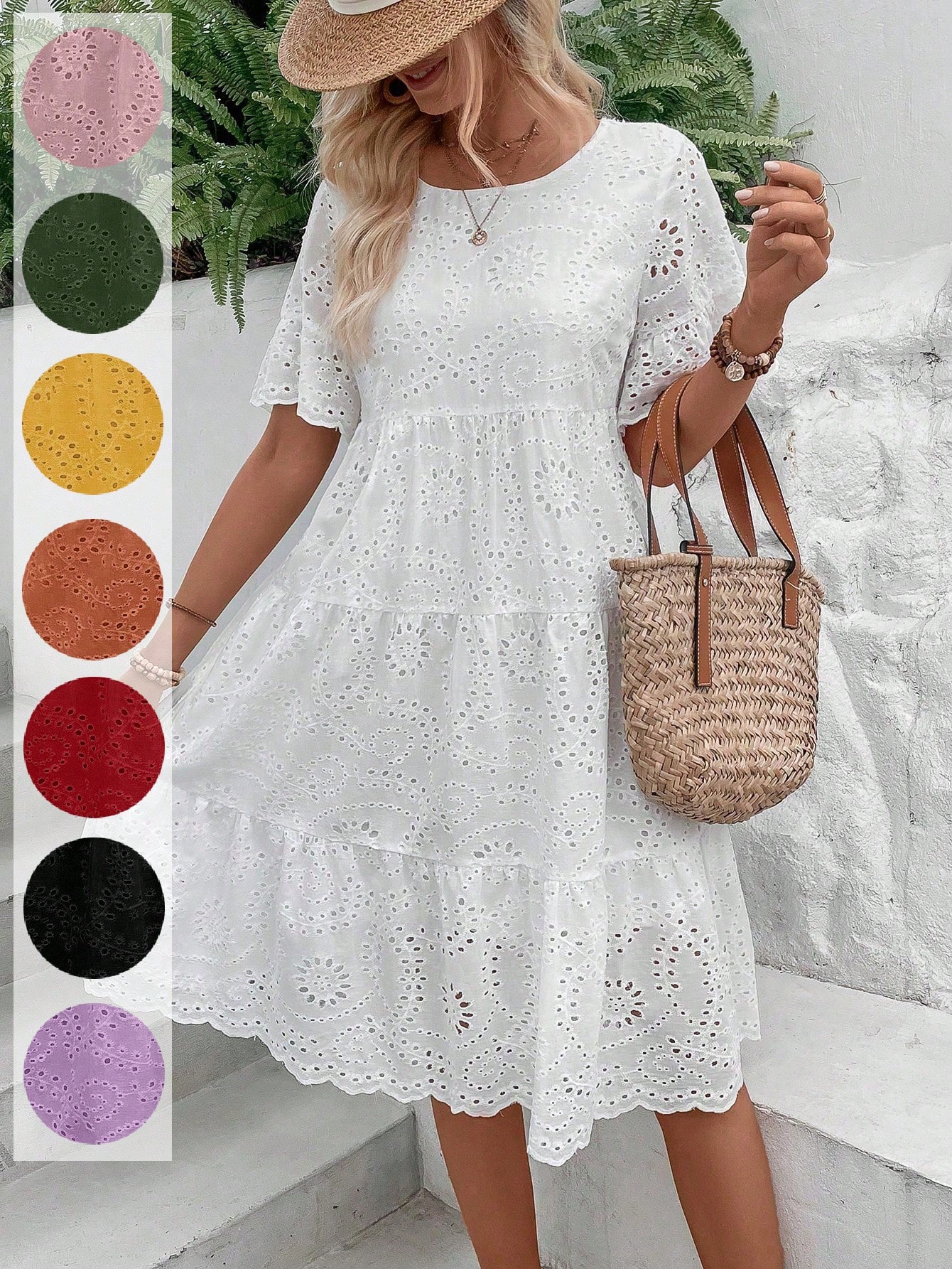 Eyelet Embroidery Ruffle Hem Dress Without Belt