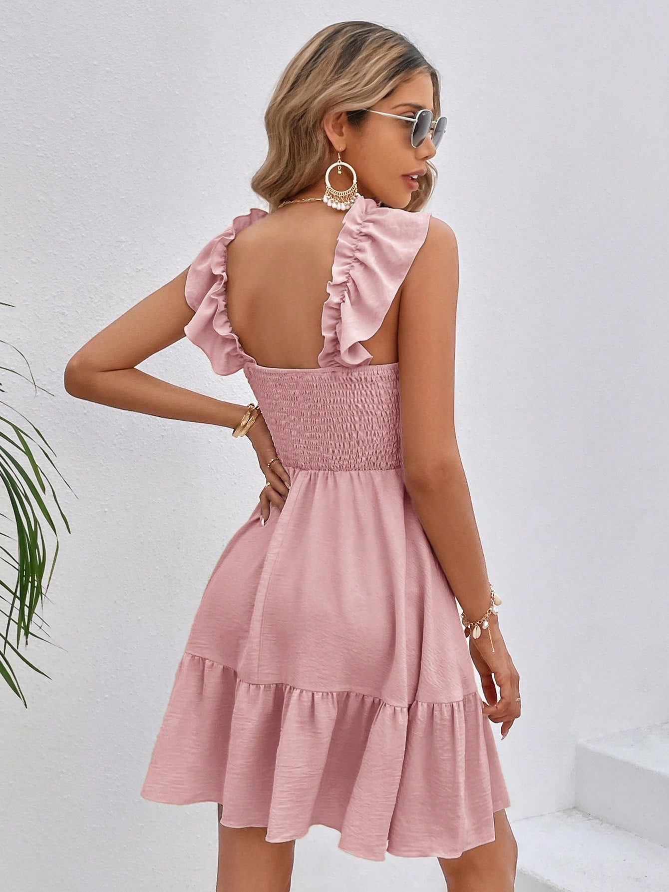 Solid Ruffle Trim Dress