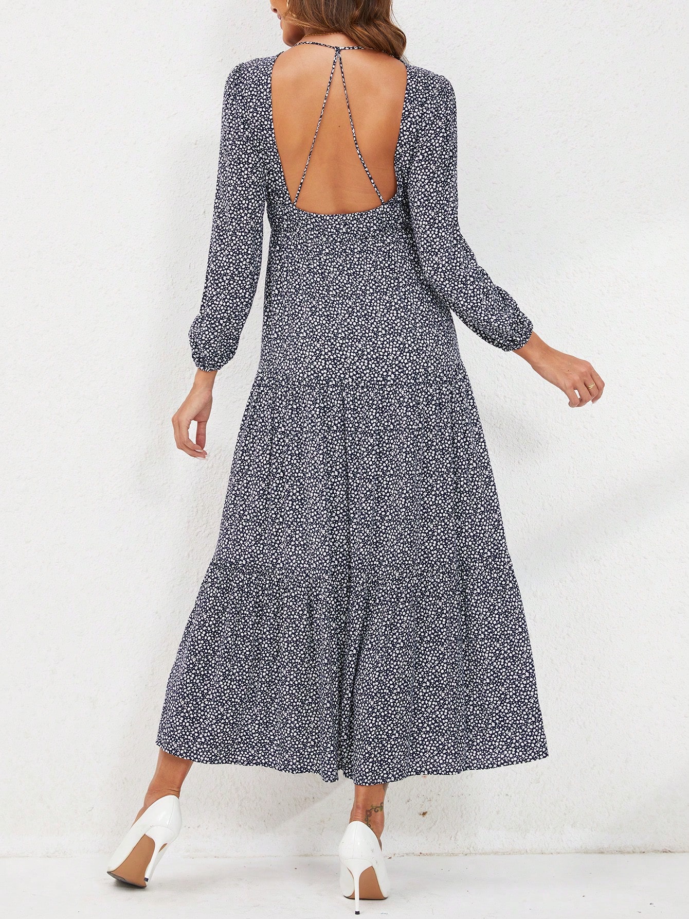 Women's Floral Print High Slit Long Sleeve Maxi Dress