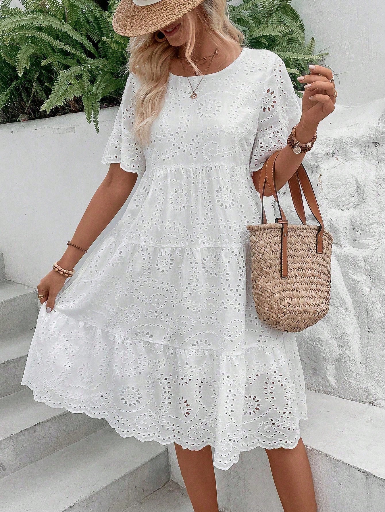 Eyelet Embroidery Ruffle Hem Dress Without Belt