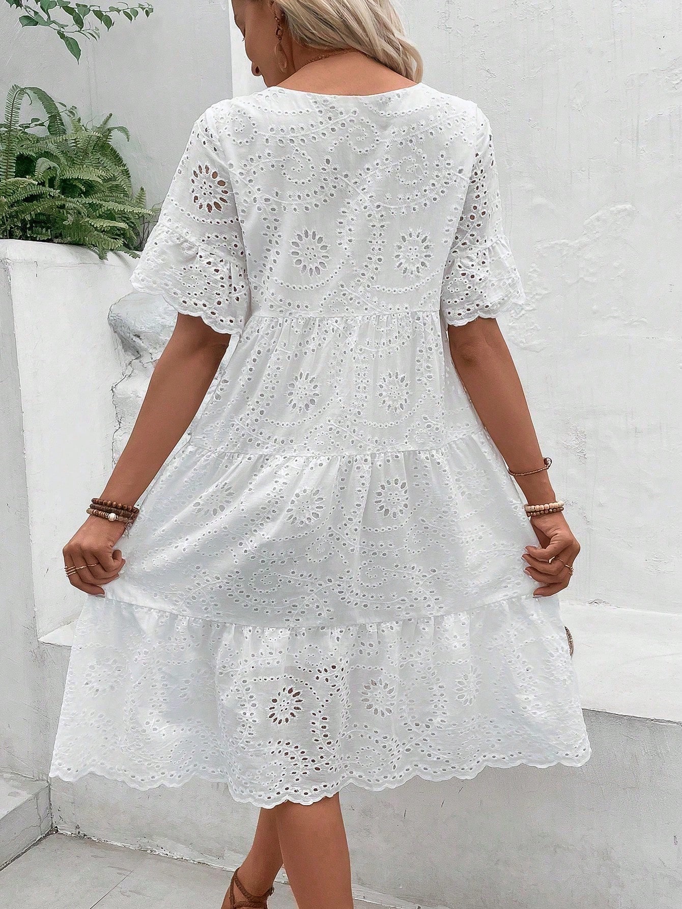 Eyelet Embroidery Ruffle Hem Dress Without Belt