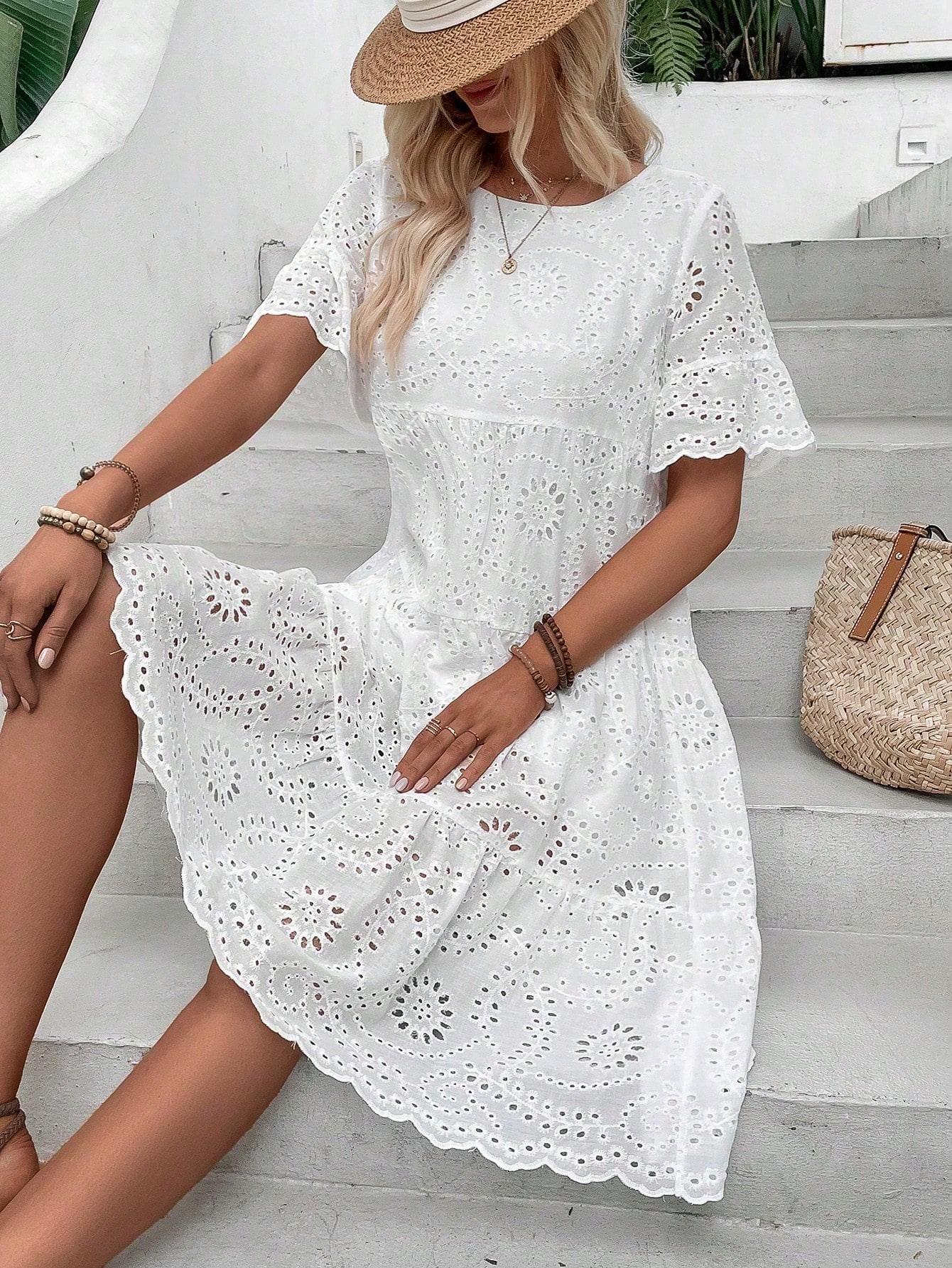 Eyelet Embroidery Ruffle Hem Dress Without Belt