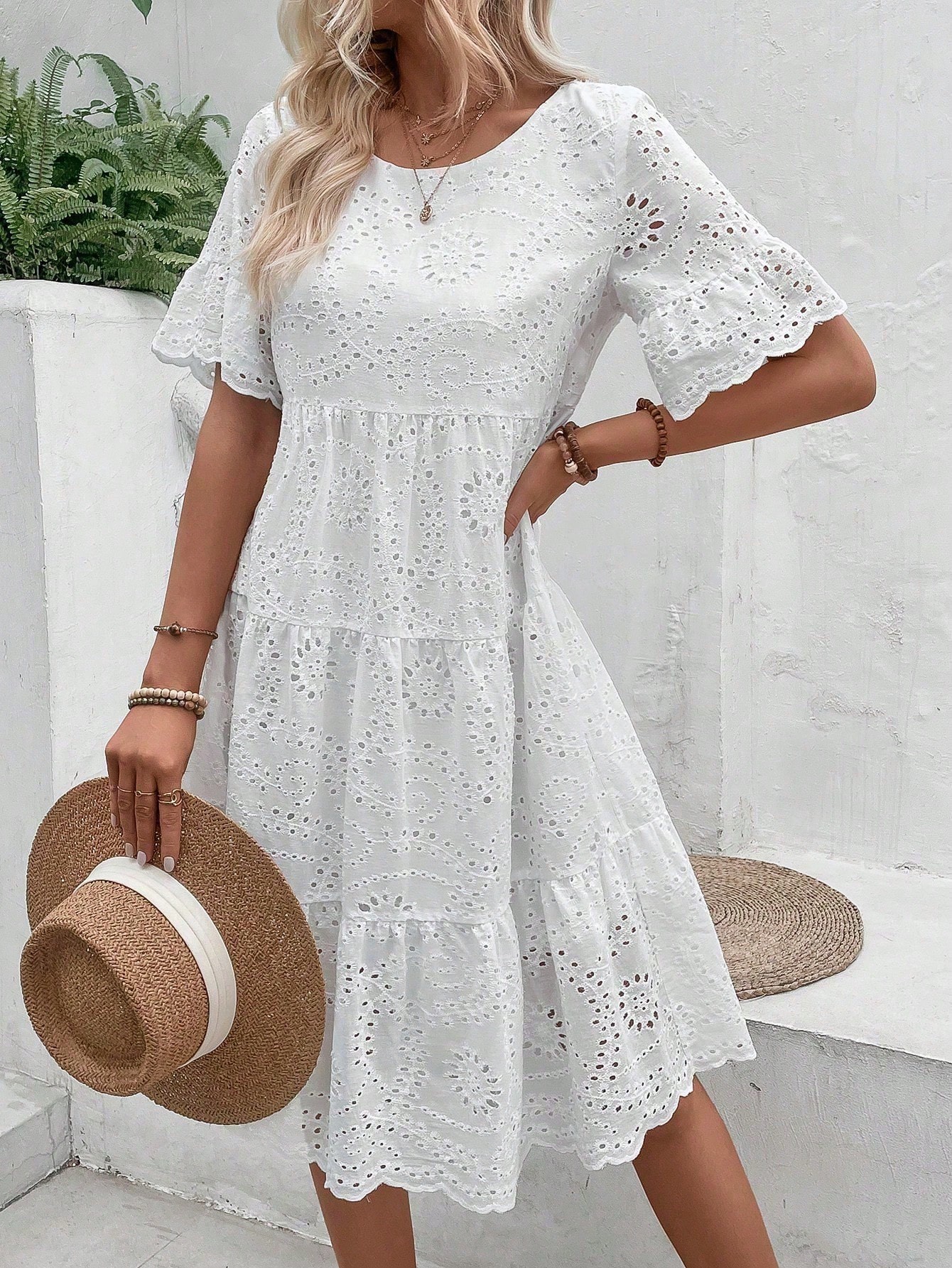 Eyelet Embroidery Ruffle Hem Dress Without Belt