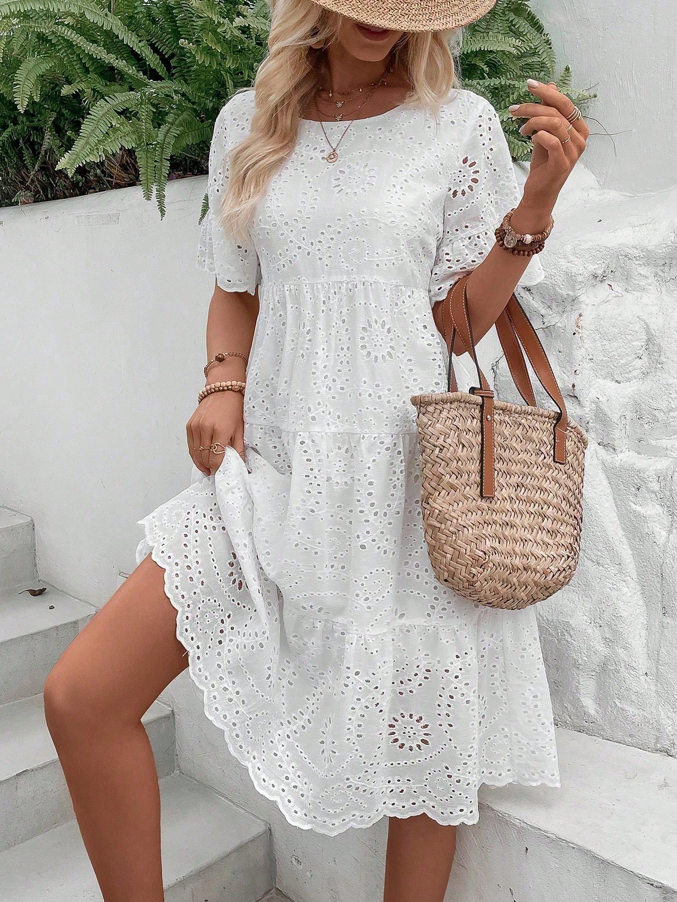 Eyelet Embroidery Ruffle Hem Dress Without Belt