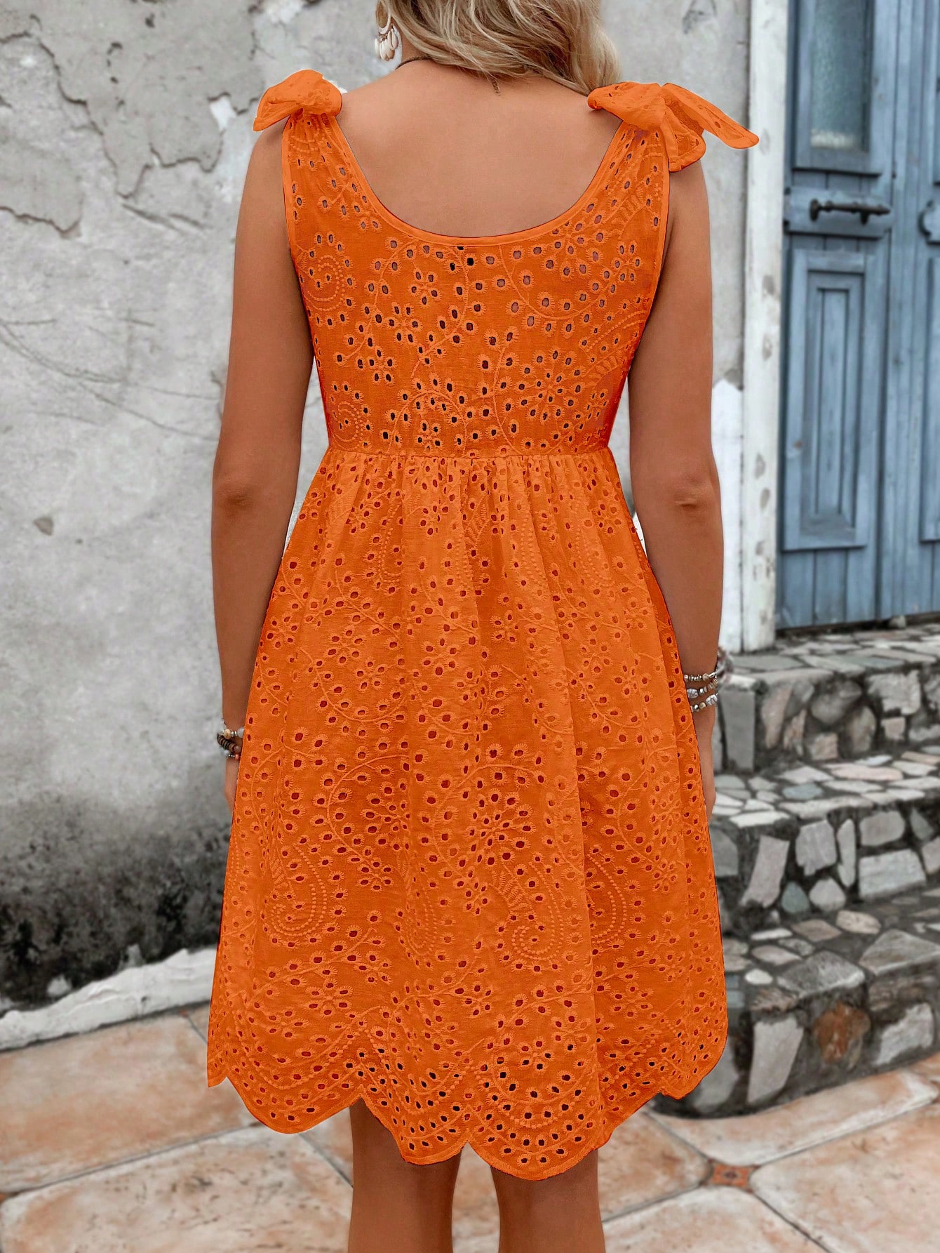 Eyelet Embroidery Tie Shoulder Scallop Trim Dress