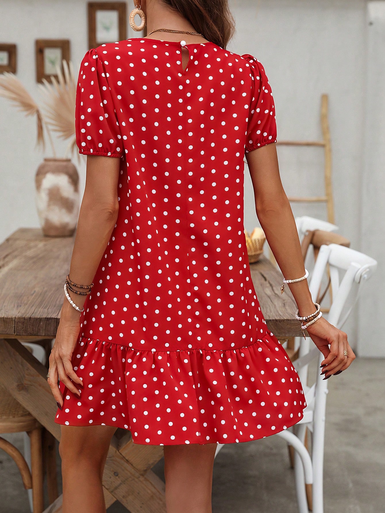 Polka Dot Print Bubble Sleeve Dress With Ruffled Hem