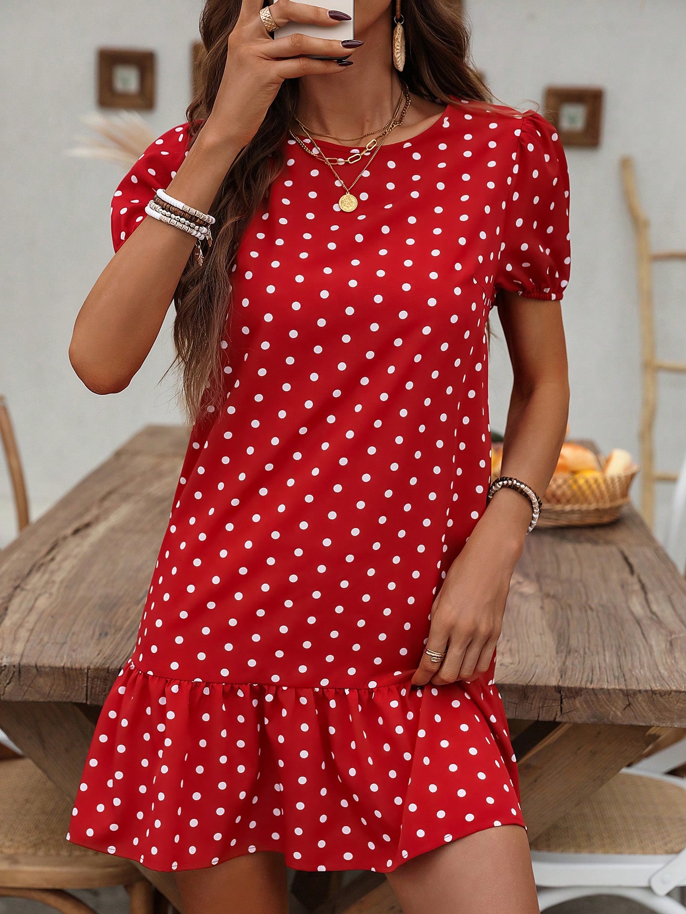 Polka Dot Print Bubble Sleeve Dress With Ruffled Hem