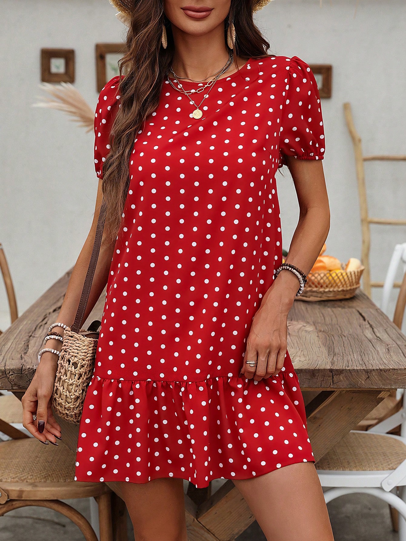 Polka Dot Print Bubble Sleeve Dress With Ruffled Hem