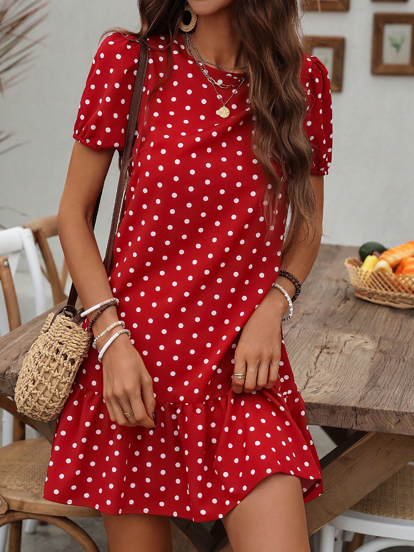 Polka Dot Print Bubble Sleeve Dress With Ruffled Hem