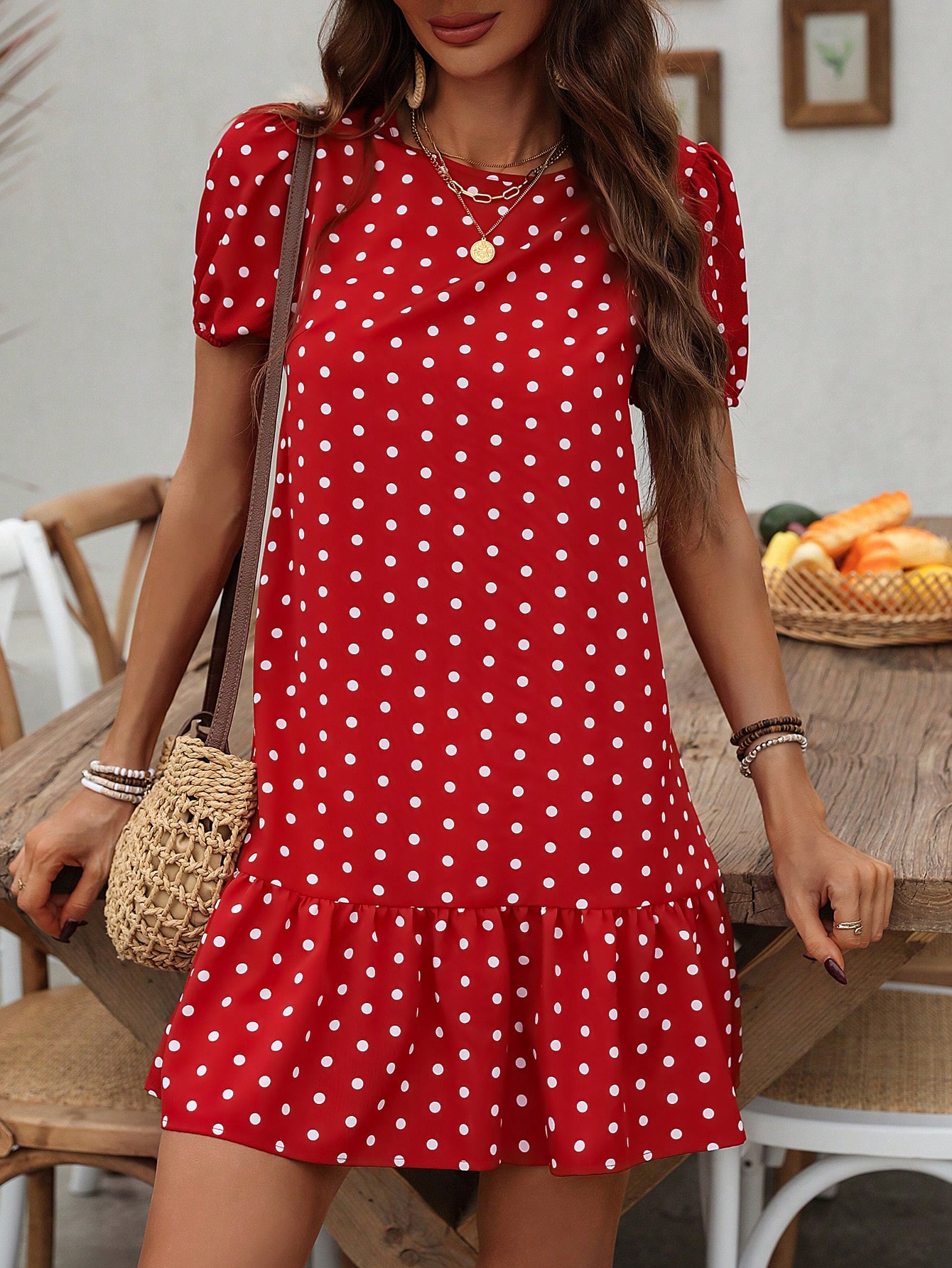 Polka Dot Print Bubble Sleeve Dress With Ruffled Hem