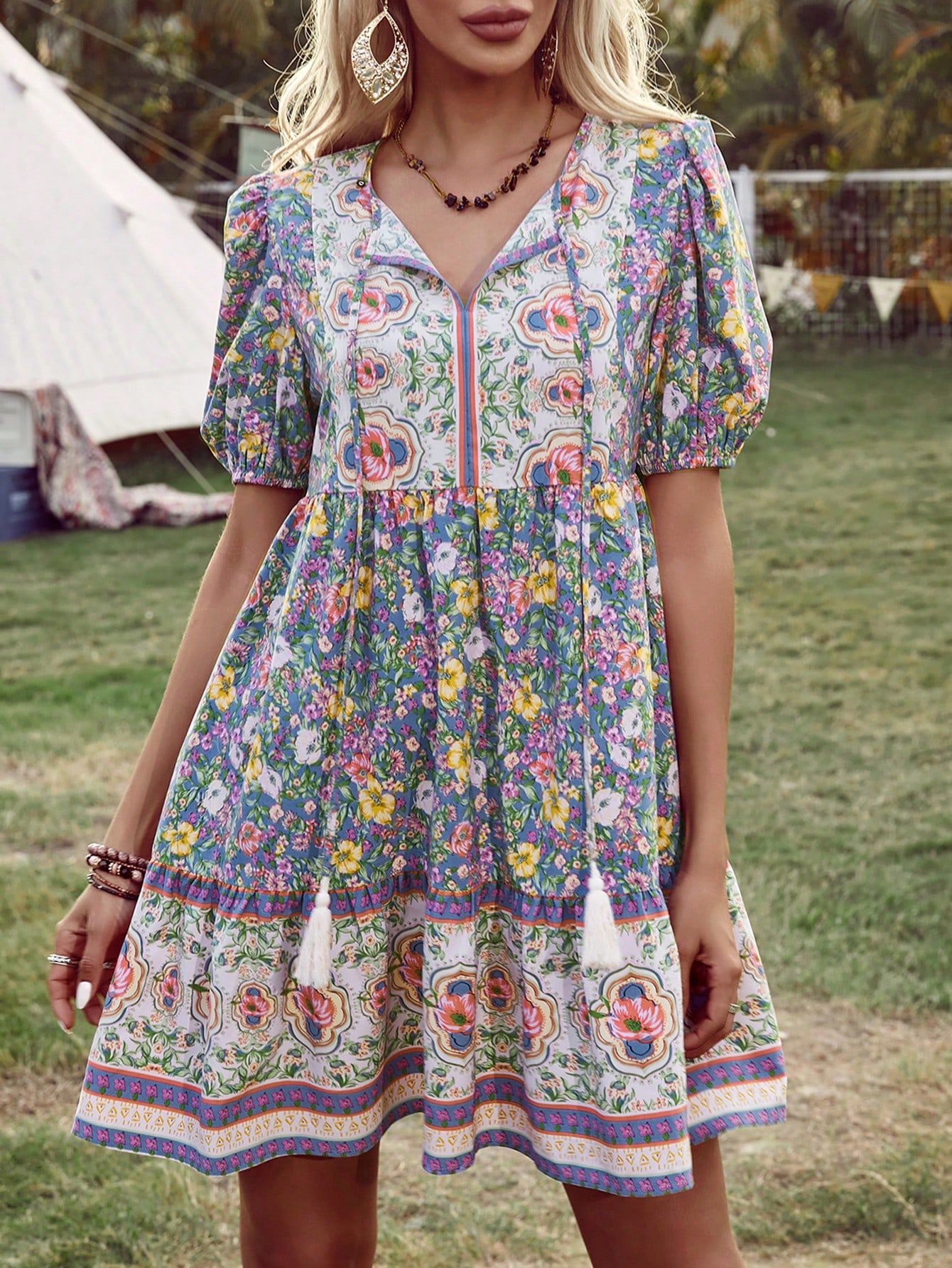 Summer Country Festival Outfits Women's Floral Print Puff Sleeve Dress With Front Tie For Vacation