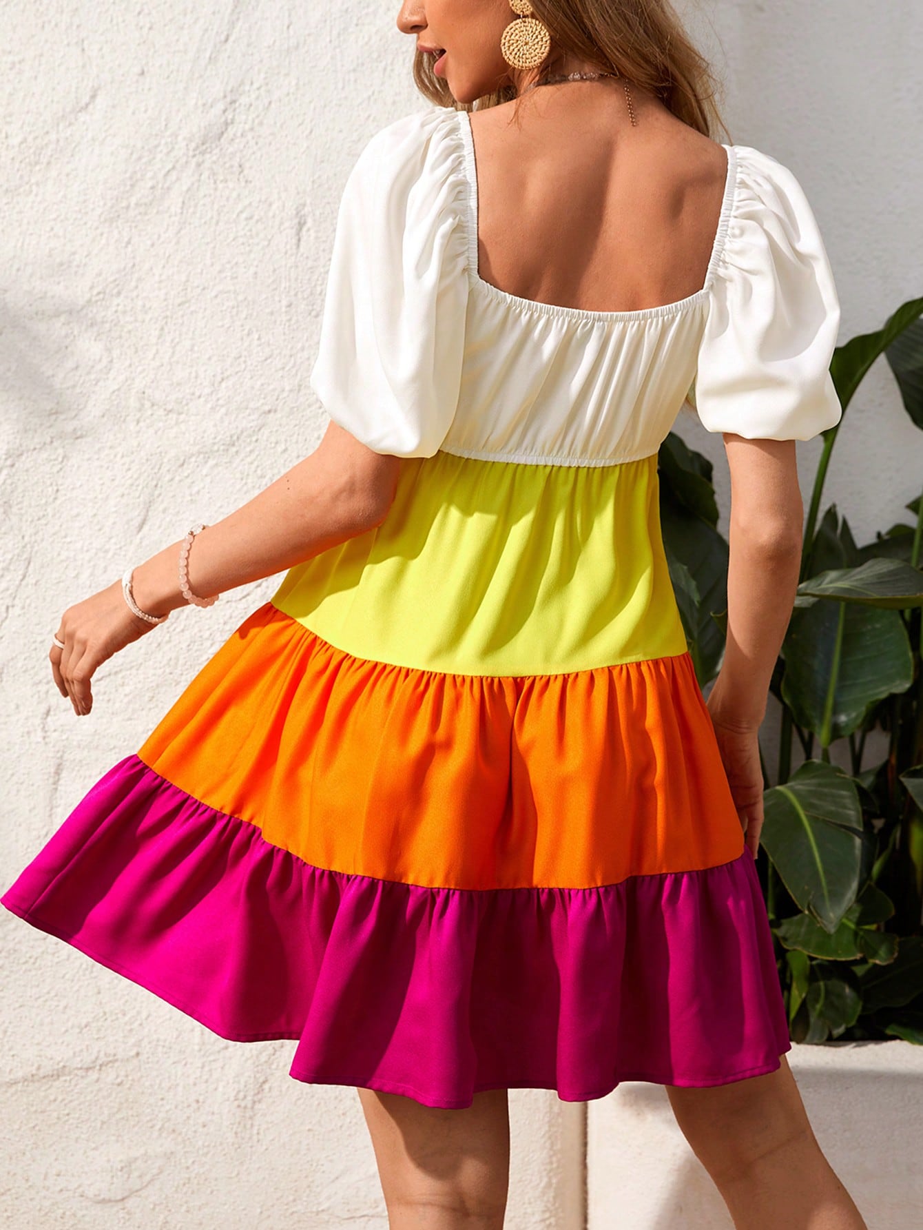 Vacation Puff Sleeve Square Neck Women's Color Block Dress