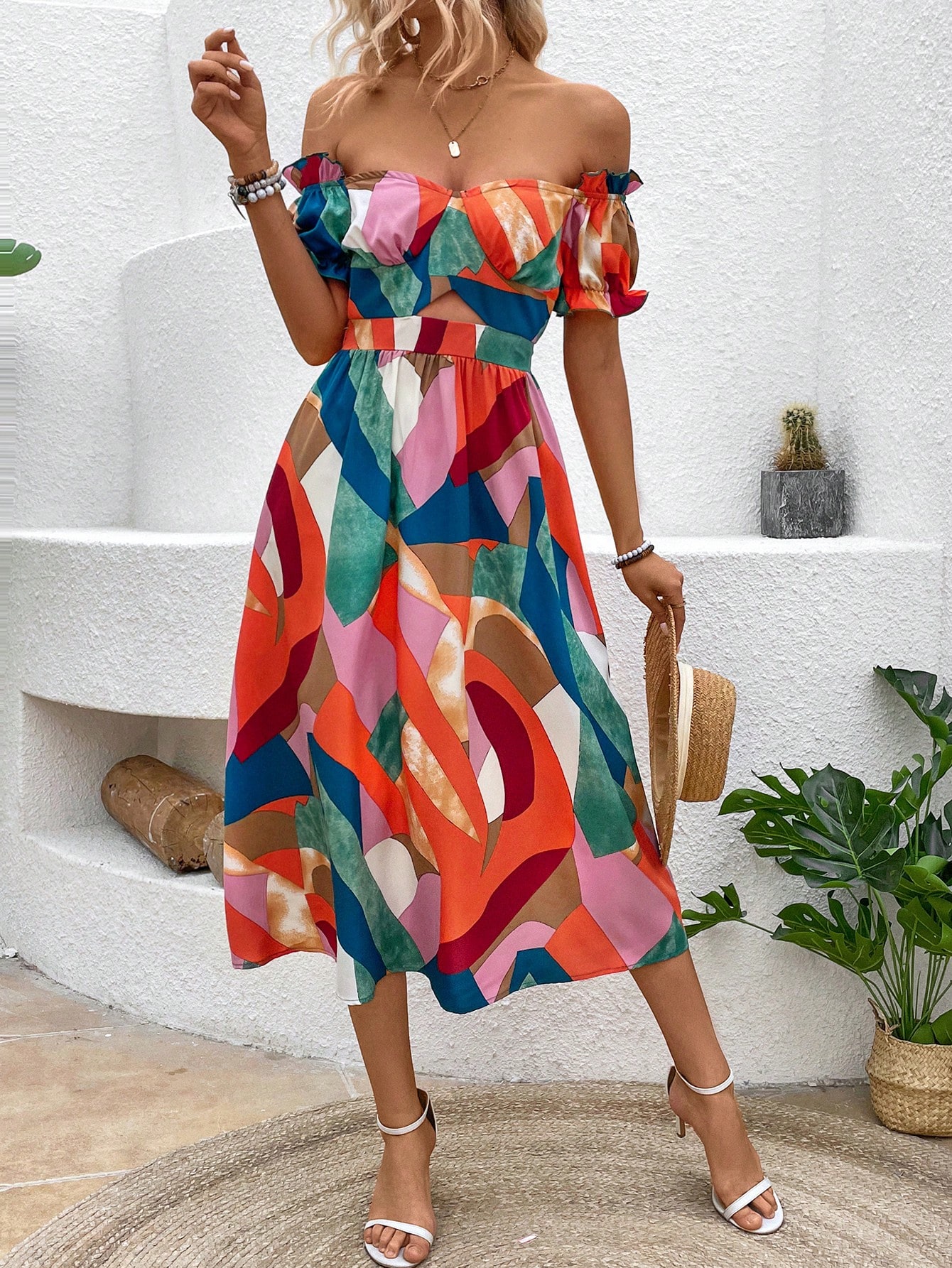 Ladies' Geometric Print Off Shoulder Short Sleeve Dress