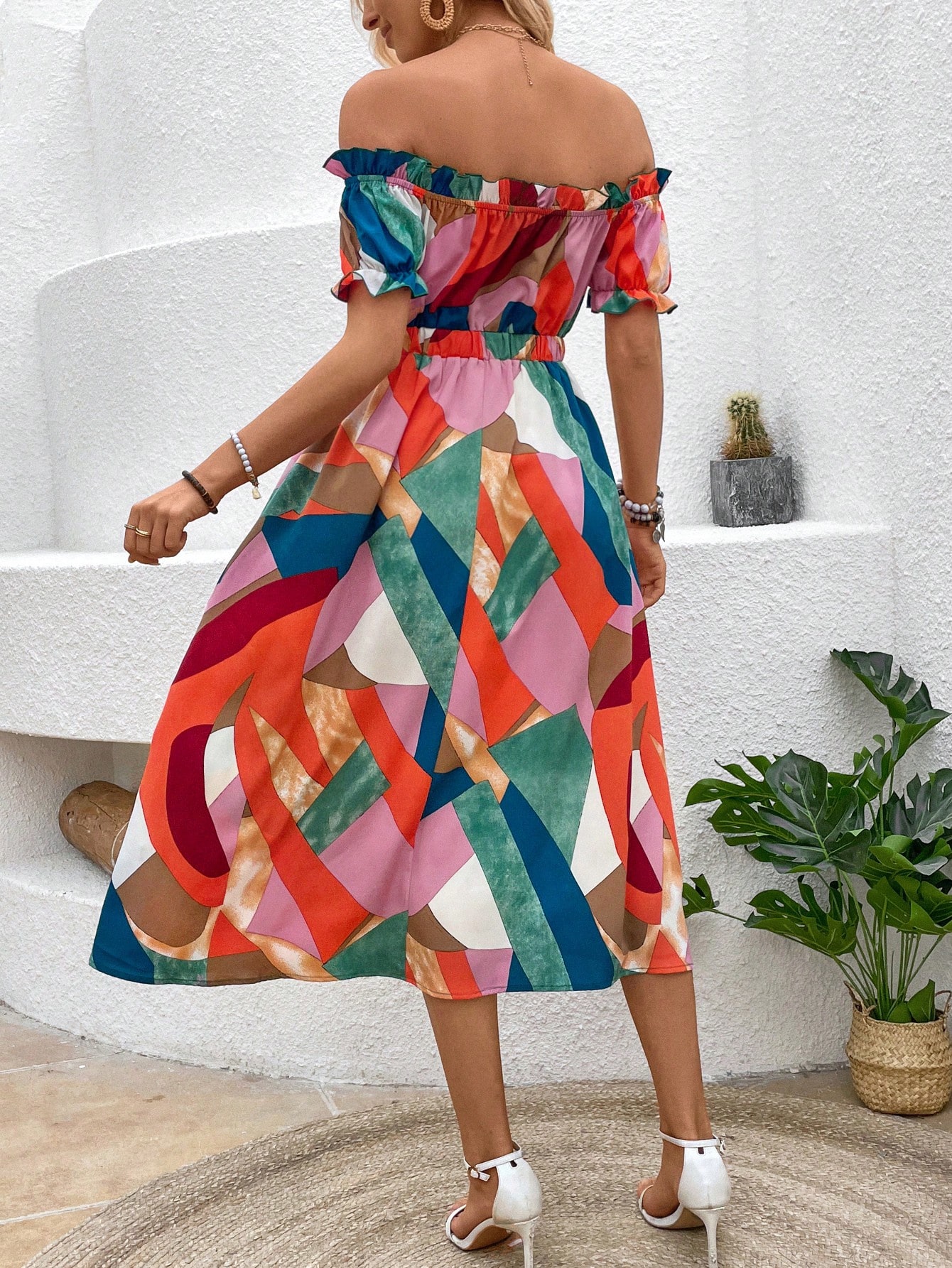 Ladies' Geometric Print Off Shoulder Short Sleeve Dress