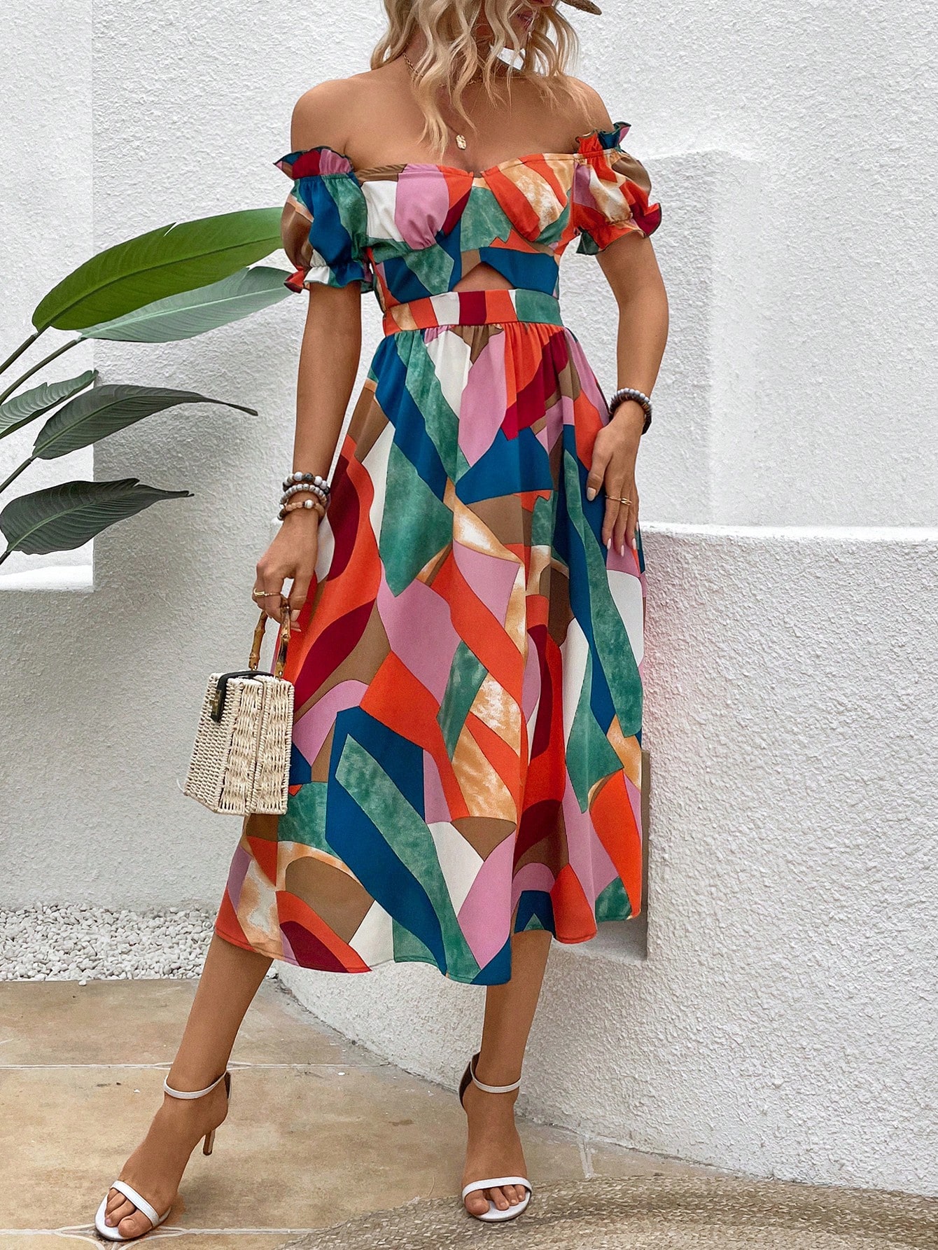 Ladies' Geometric Print Off Shoulder Short Sleeve Dress