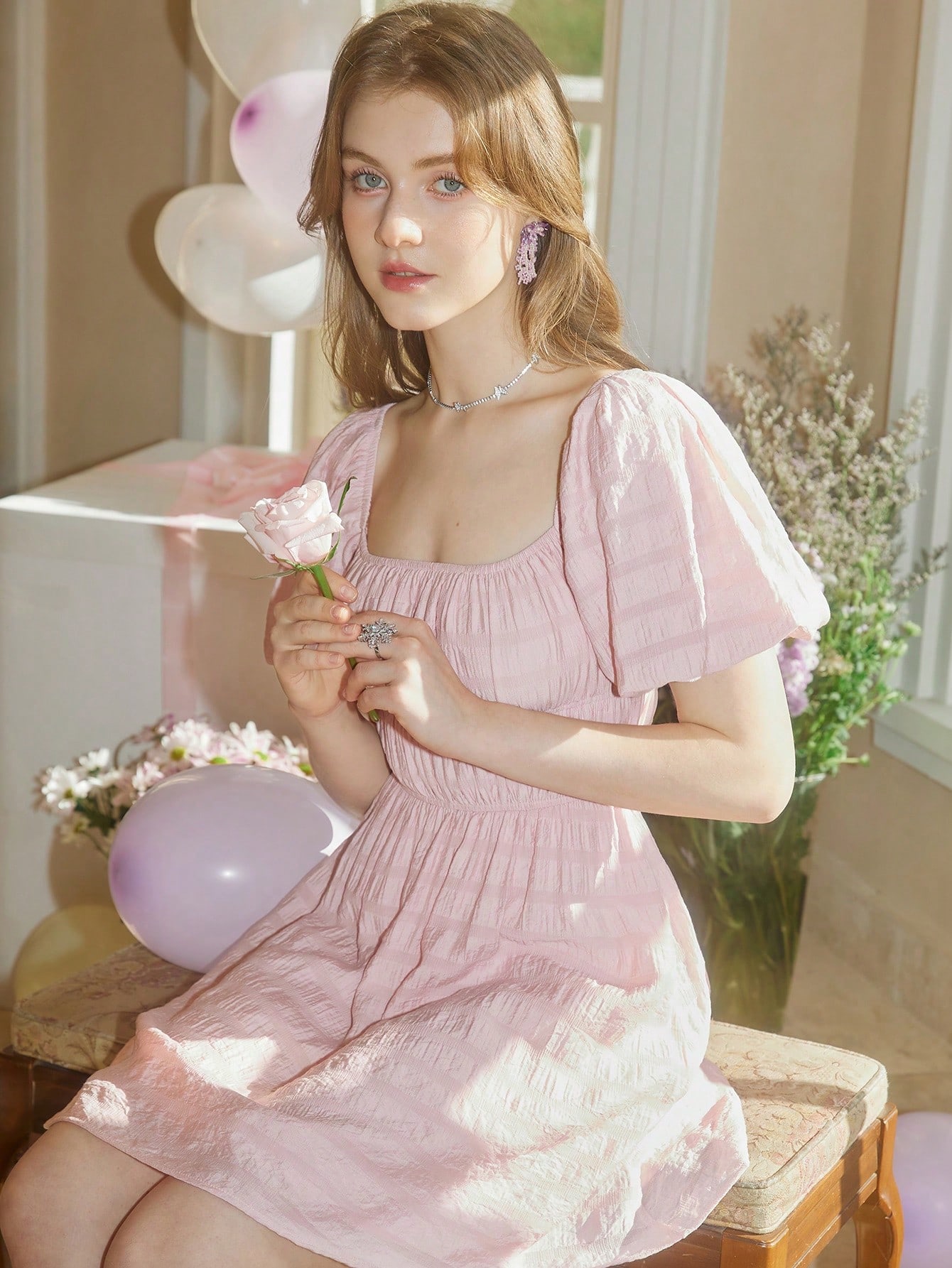 Women's Cute Style Pink Square Collar Dress